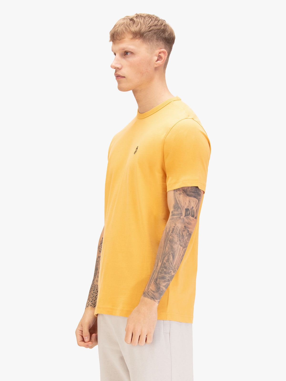 Men's yellow t-shirt with crew neck and short sleeves, back view