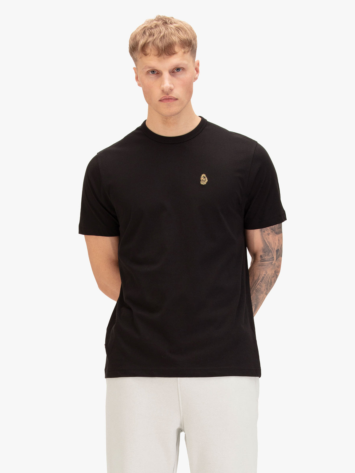 Men's black t-shirt with crew neck and short sleeves, worn by a model, front view