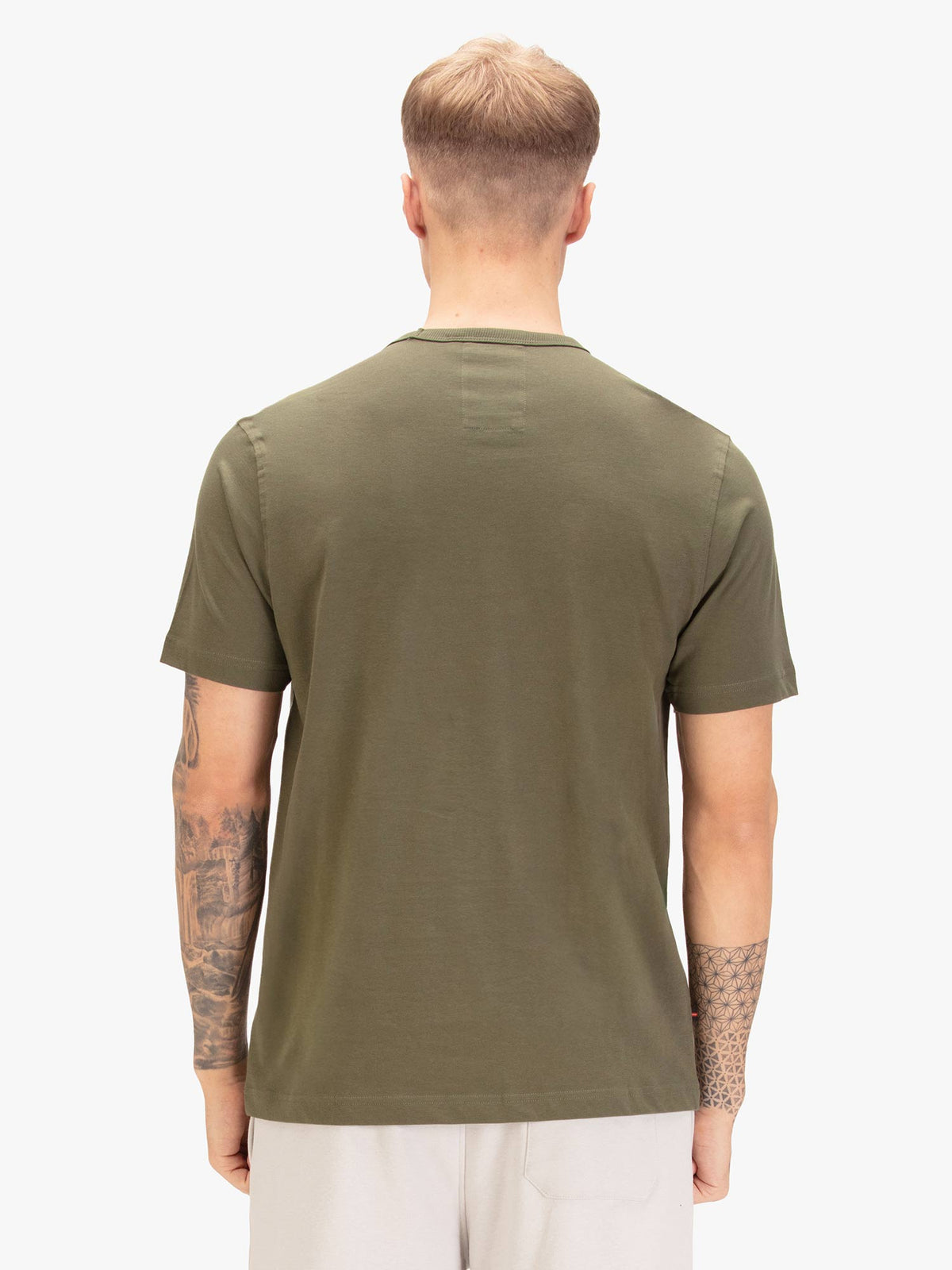 Men's green t-shirt with crew neck and short sleeves, worn by a model, back view