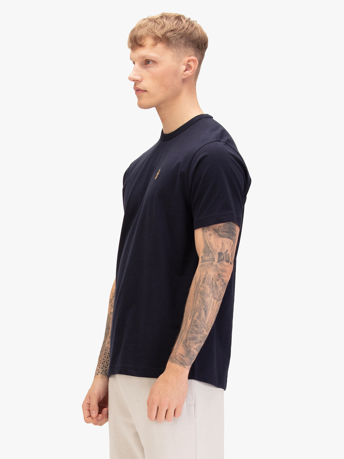 Men's navy t-shirt with crew neck and short sleeves, back view