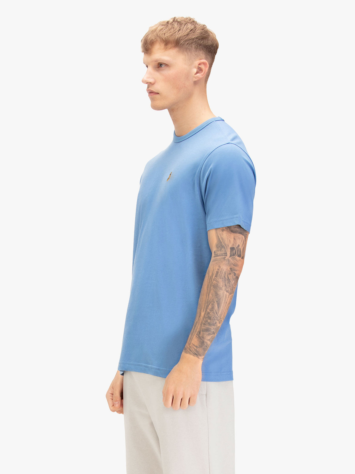 Men's blue t-shirt with crew neck and short sleeves, back view