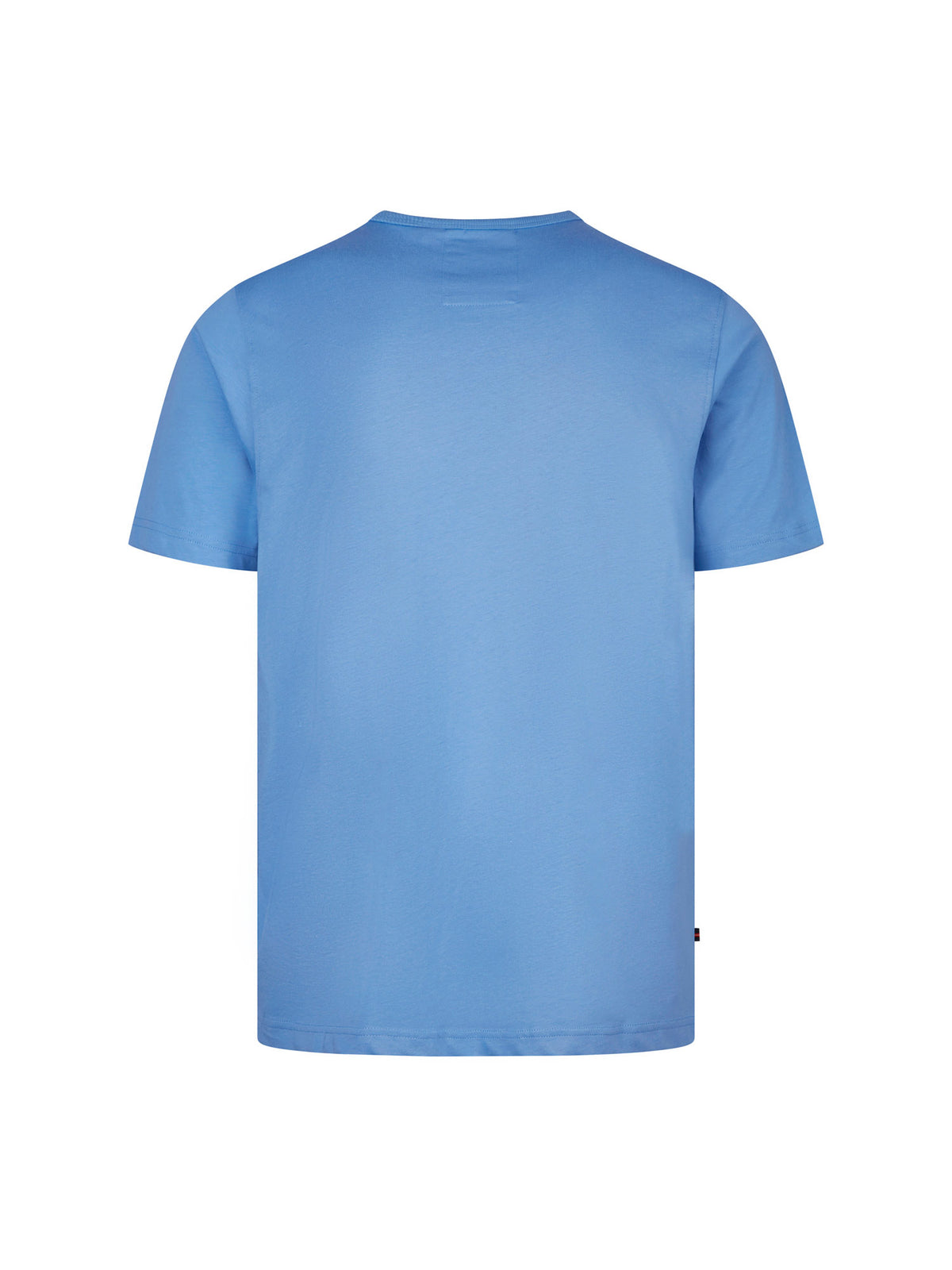 Men's blue t-shirt with crew neck and short sleeves, back view