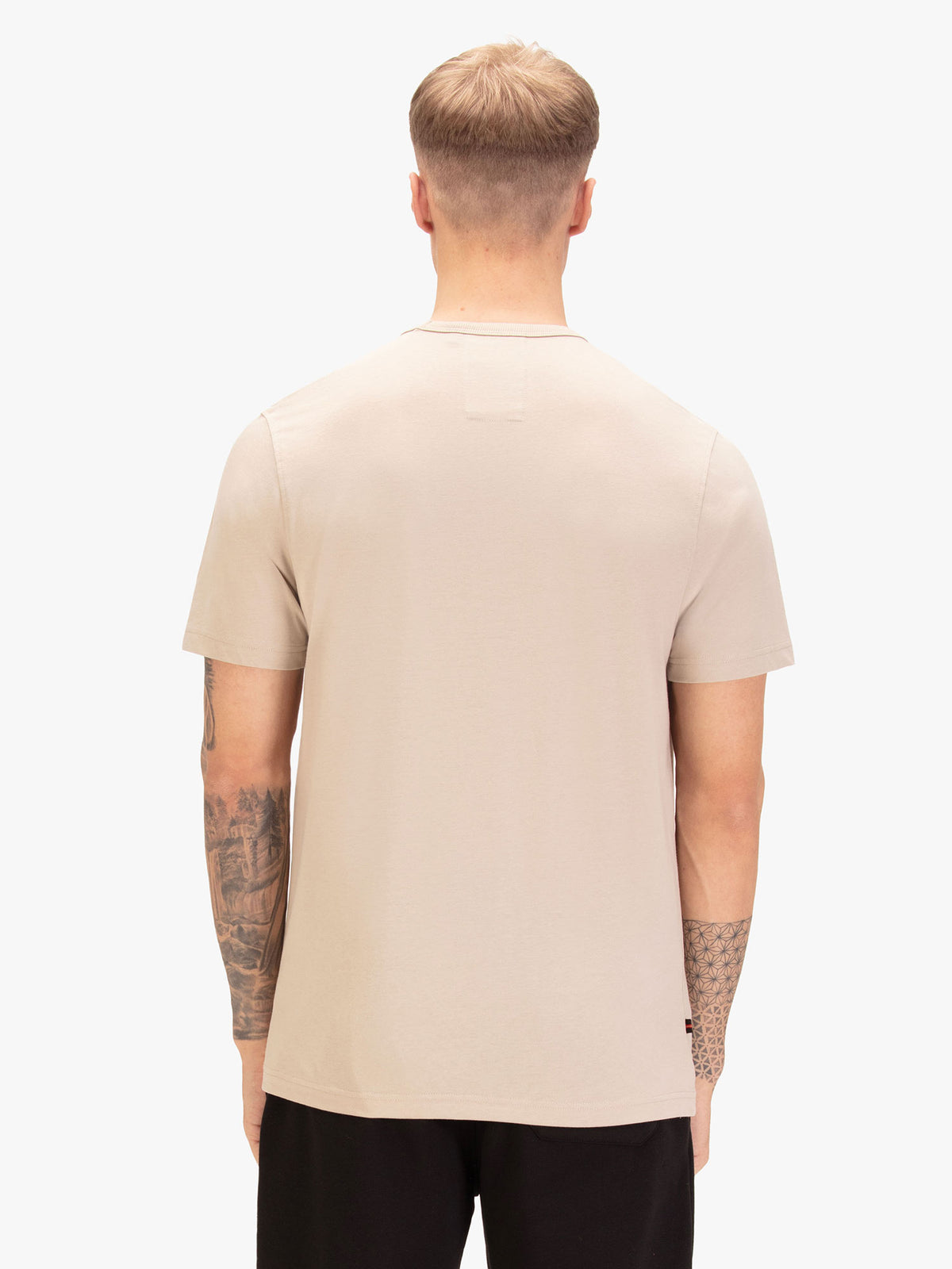 Men's beige t-shirt with crew neck and short sleeves, worn by a model, back view