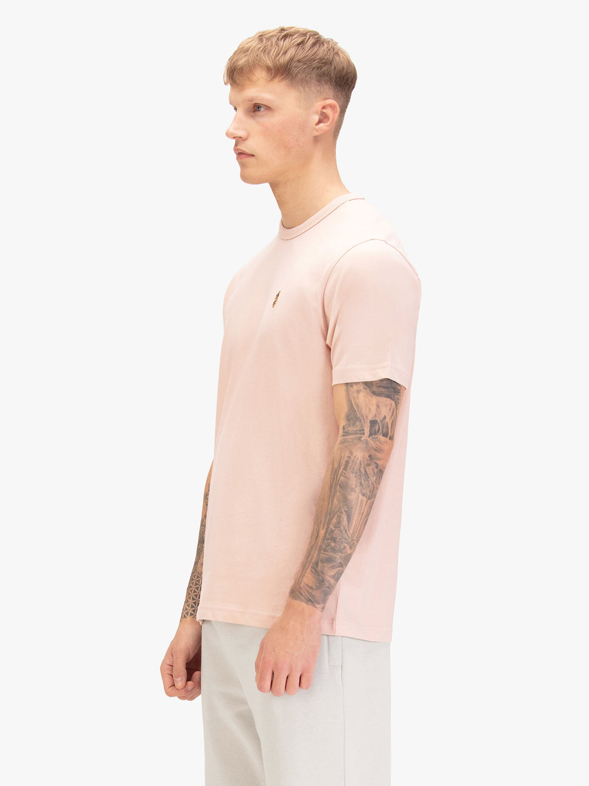 Men's pink t-shirt with crew neck and short sleeves, back view
