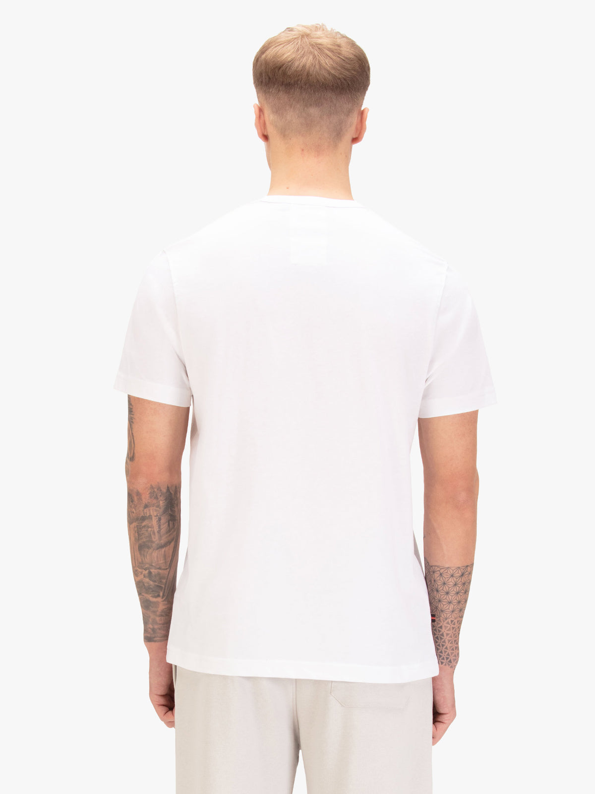 Men's white t-shirt with crew neck and short sleeves, worn by a model, back view