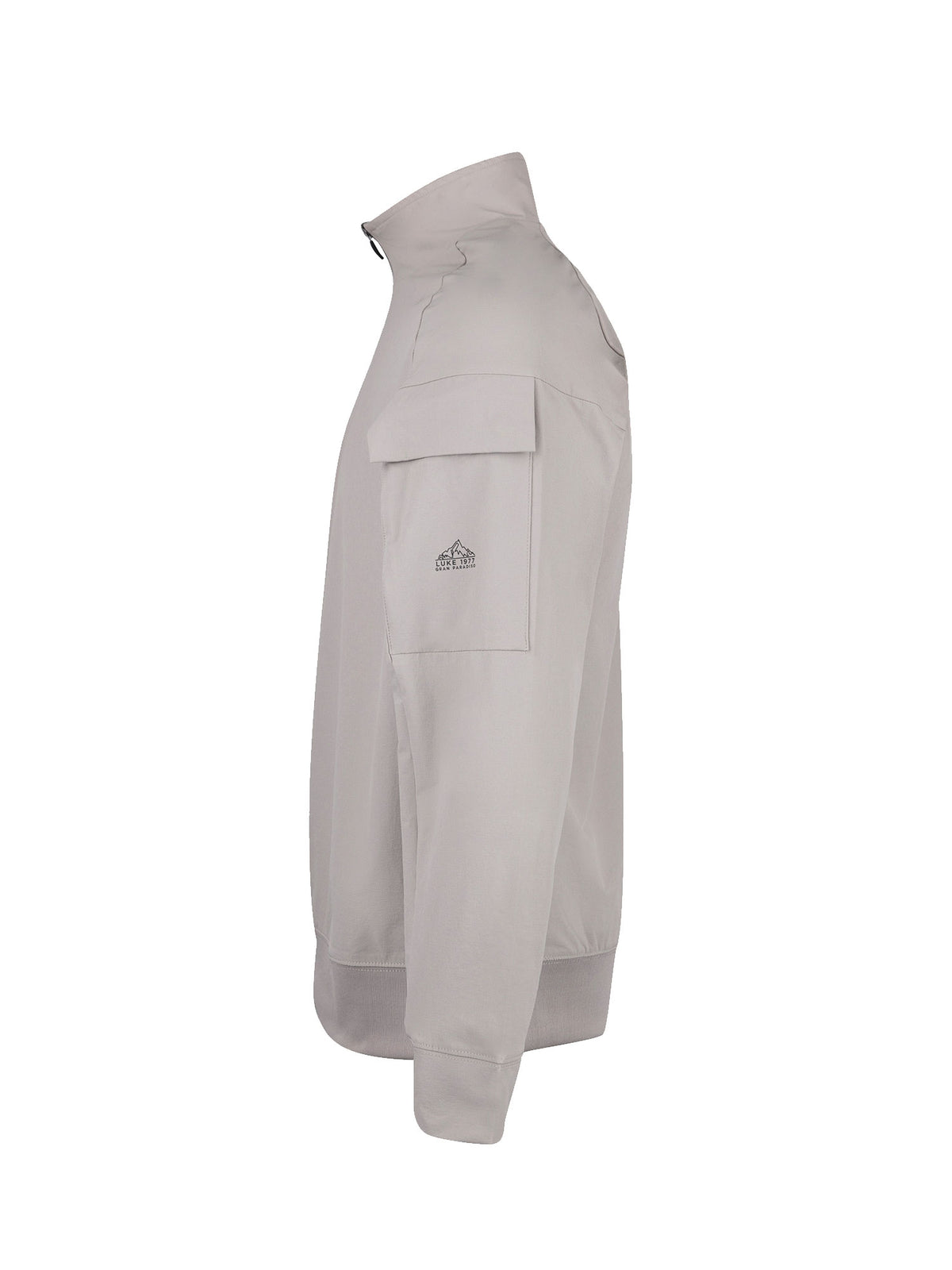 Men's grey sweatshirt with quarter-zip neck, side view
