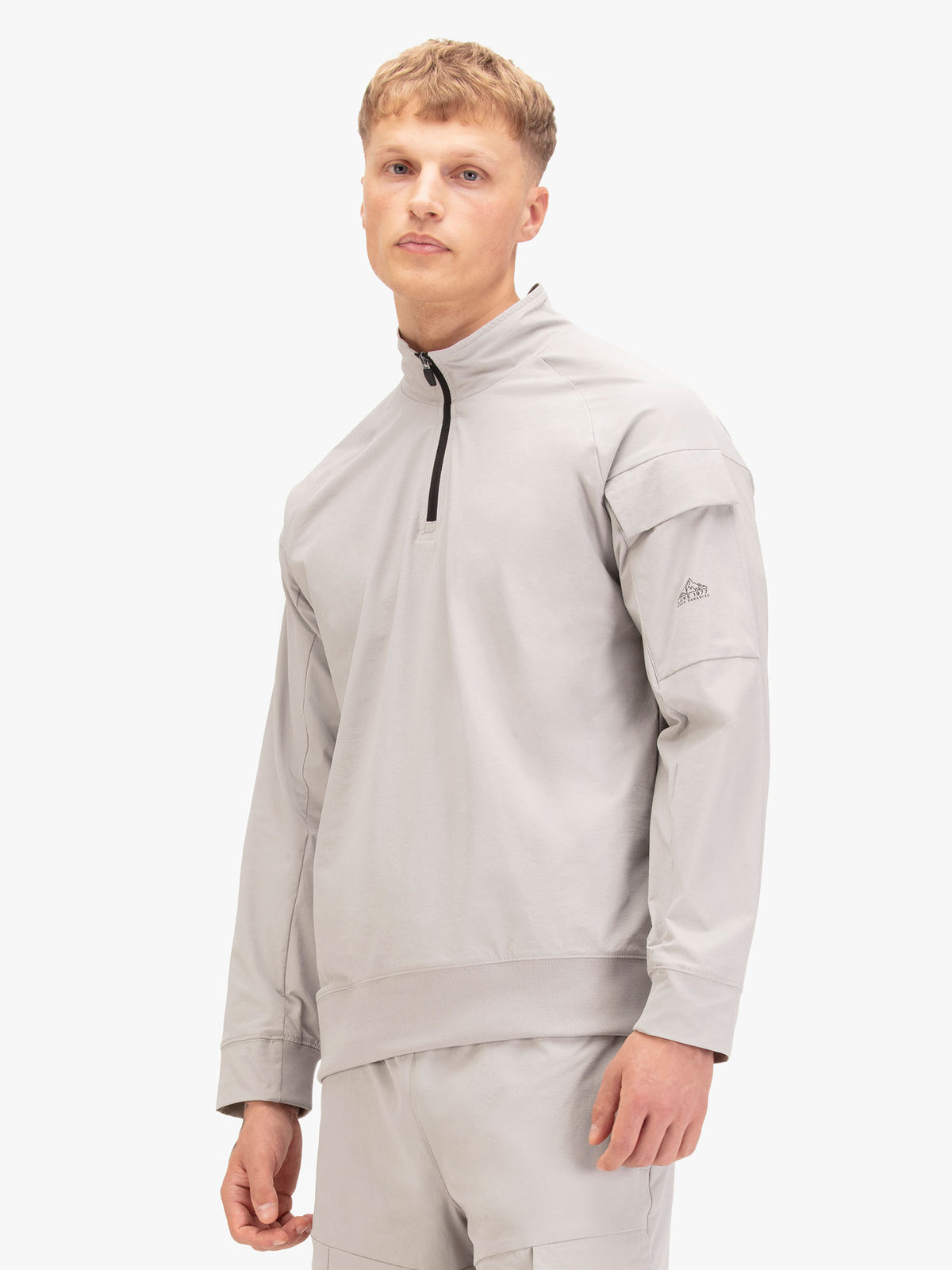 Men's grey sweatshirt with quarter-zip neck, detail view 2