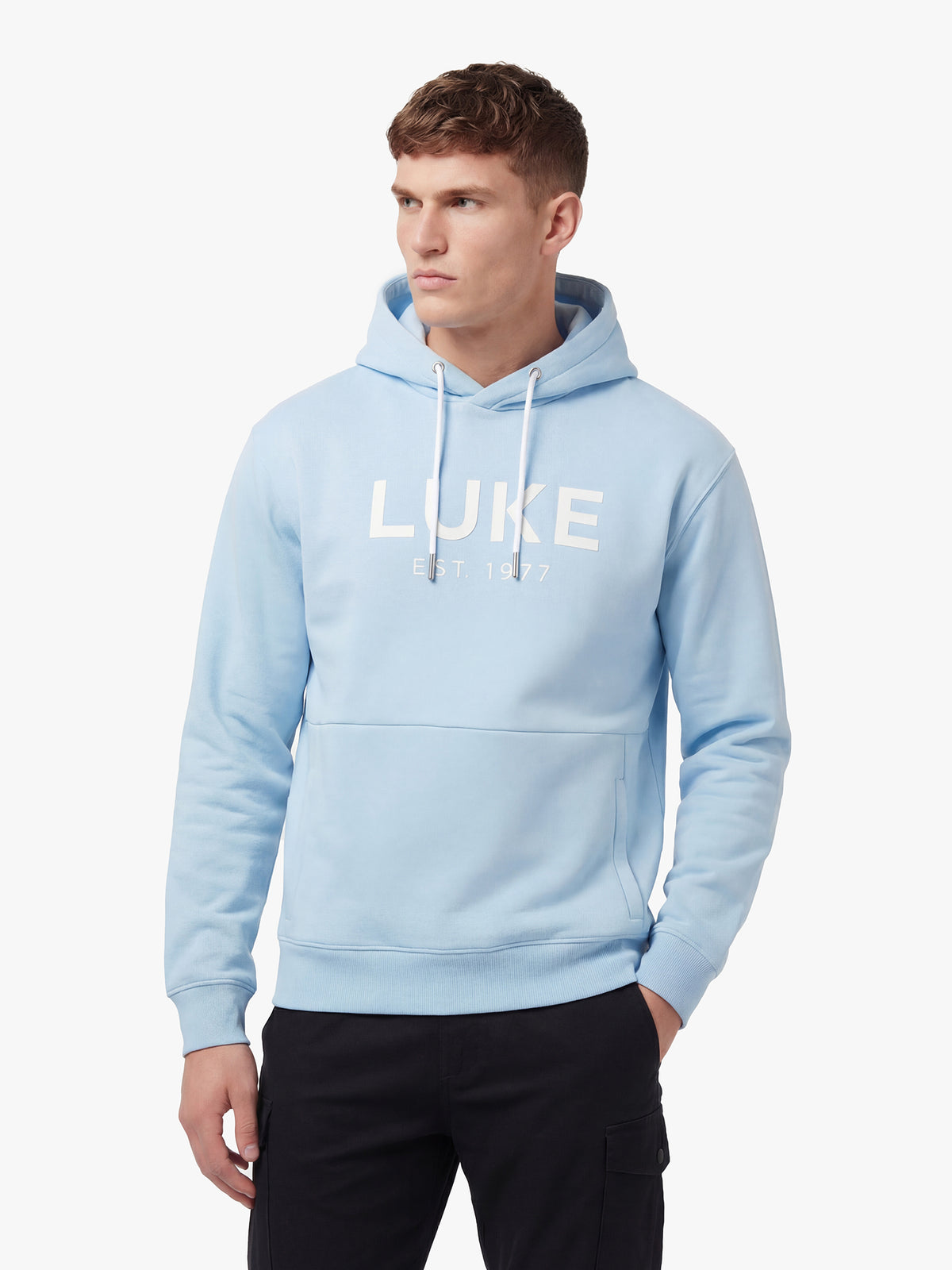 Men's relaxed-fit blue hoodie with front pocket and drawstring hood, back view