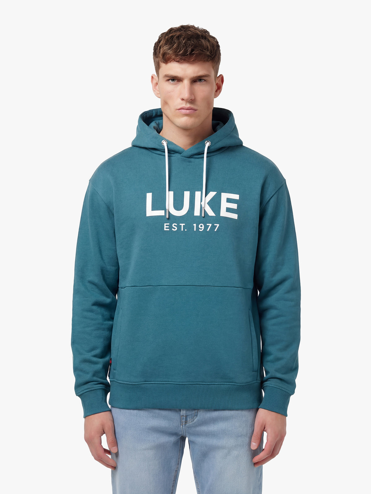 Men's relaxed-fit blue hoodie with front pocket and drawstring hood, front view