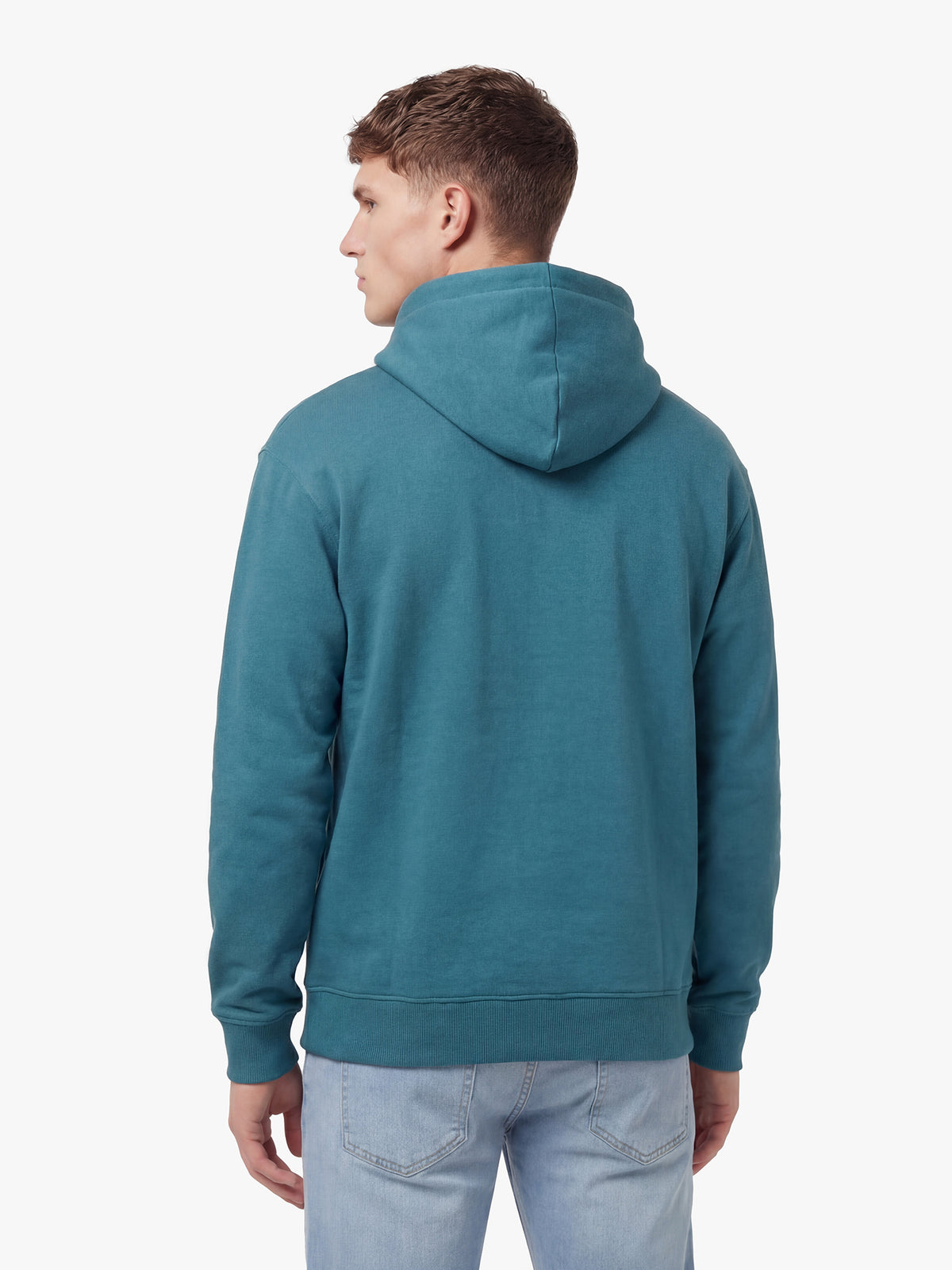 Men's relaxed-fit blue hoodie with front pocket and drawstring hood, detail view 1