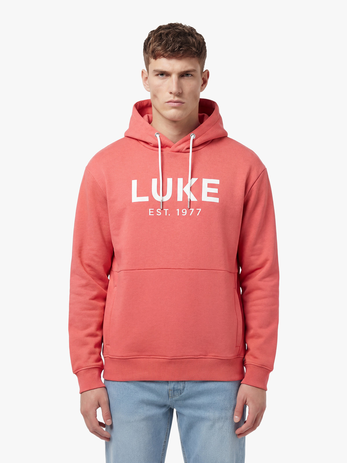 Men's relaxed-fit red hoodie with front pocket and drawstring hood, front view