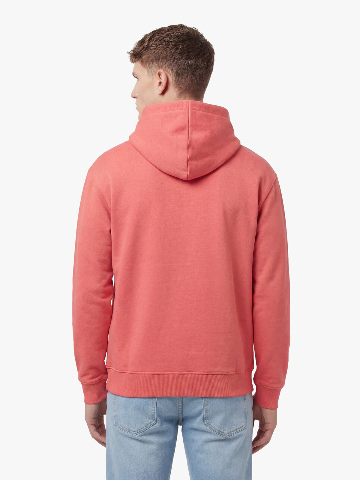 Men's relaxed-fit red hoodie with front pocket and drawstring hood, back view