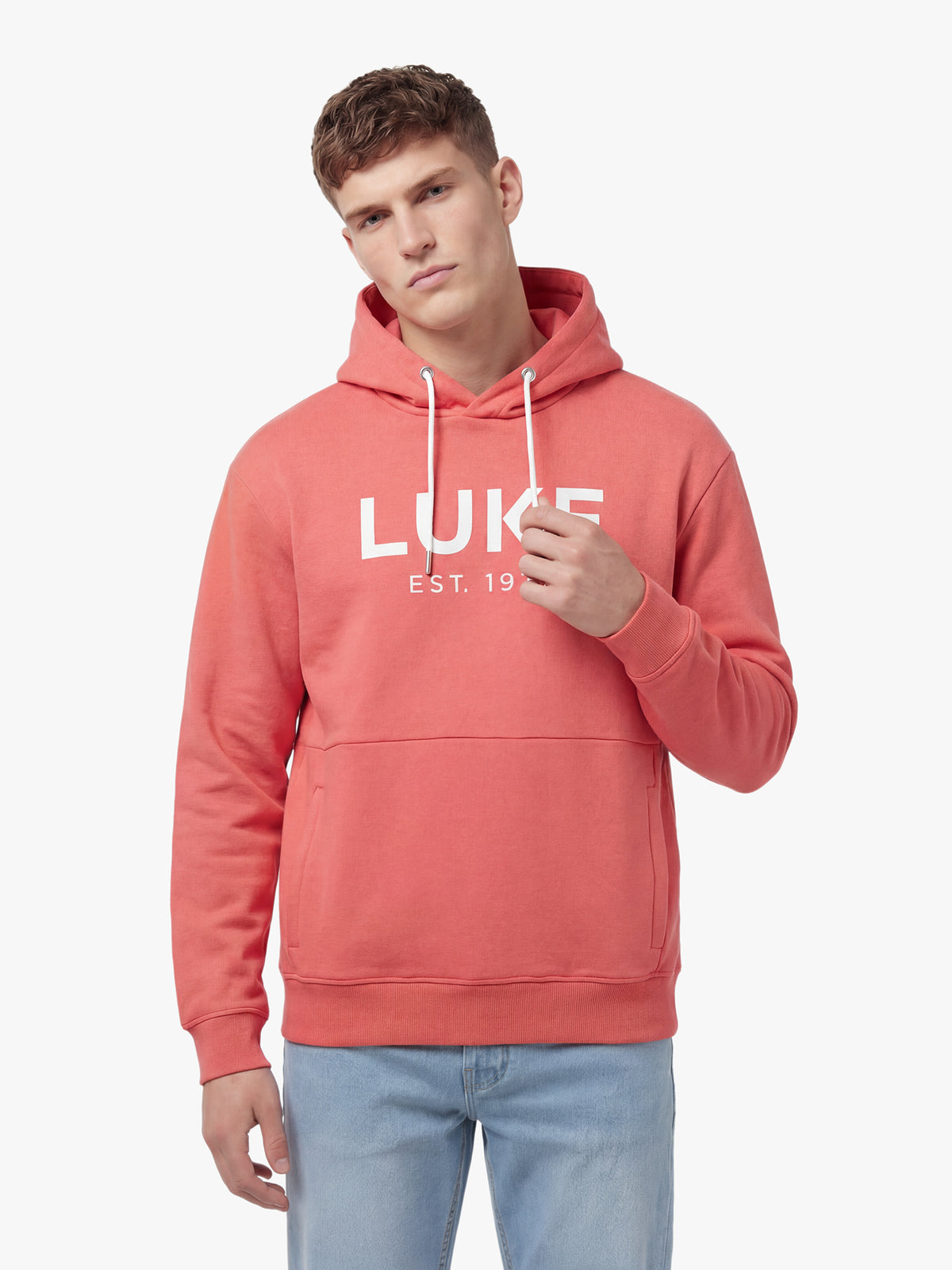 Men's relaxed-fit red hoodie with front pocket and drawstring hood, detail view 1