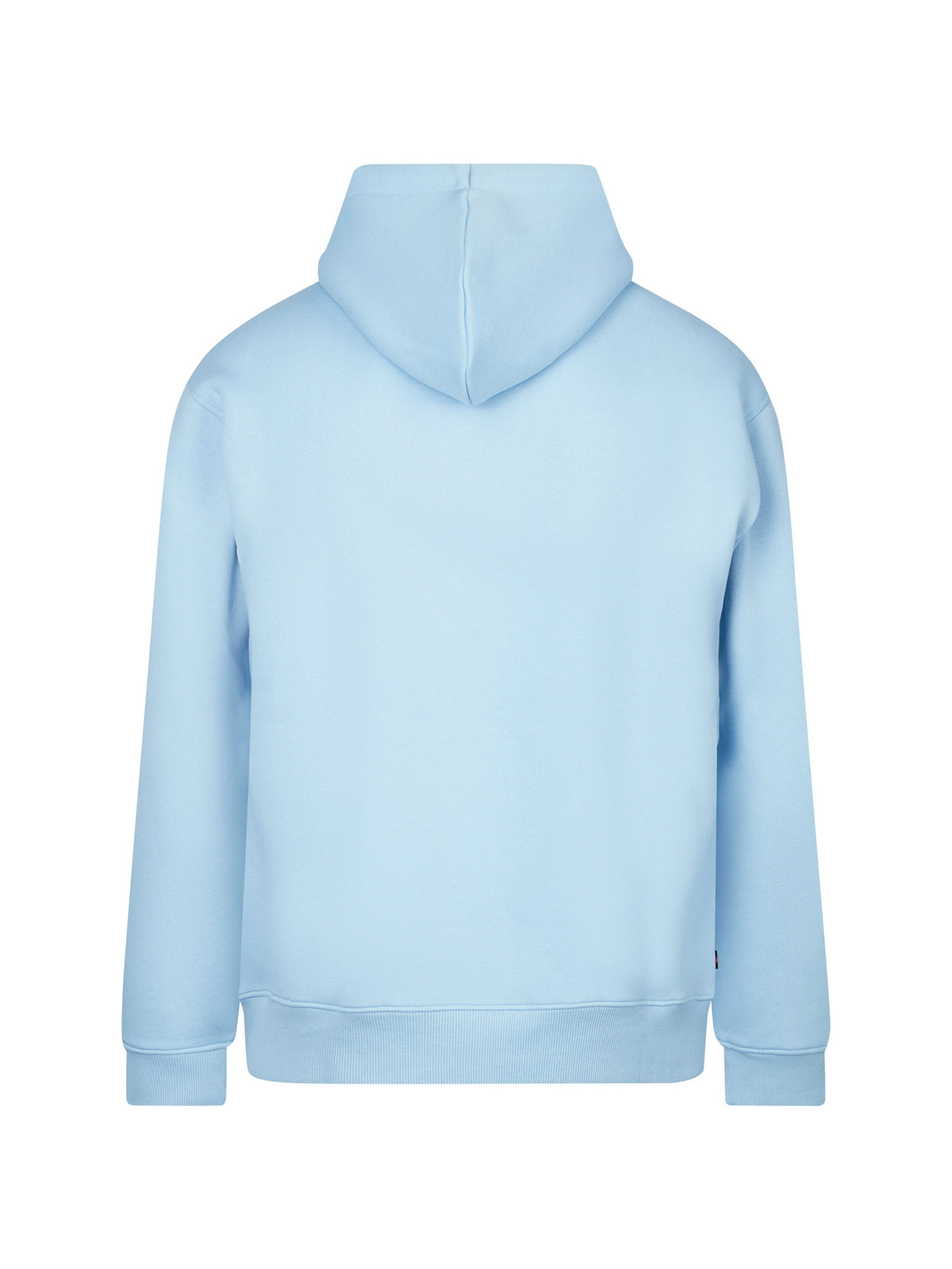 Men's relaxed-fit blue hoodie with front pocket and drawstring hood, side view