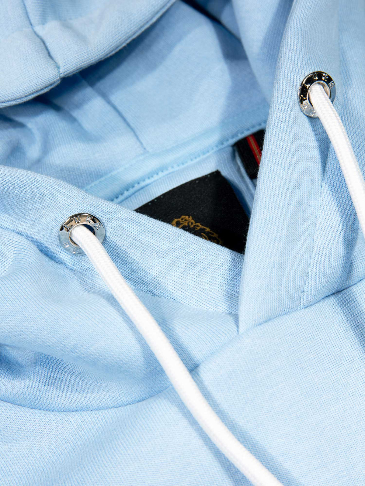 Men's relaxed-fit blue hoodie with front pocket and drawstring hood, detail view