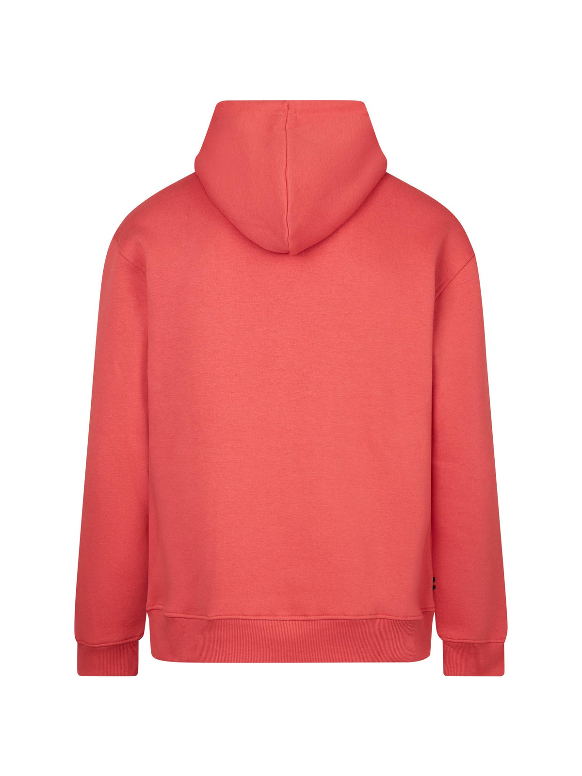 Men's relaxed-fit red hoodie with front pocket and drawstring hood, back view