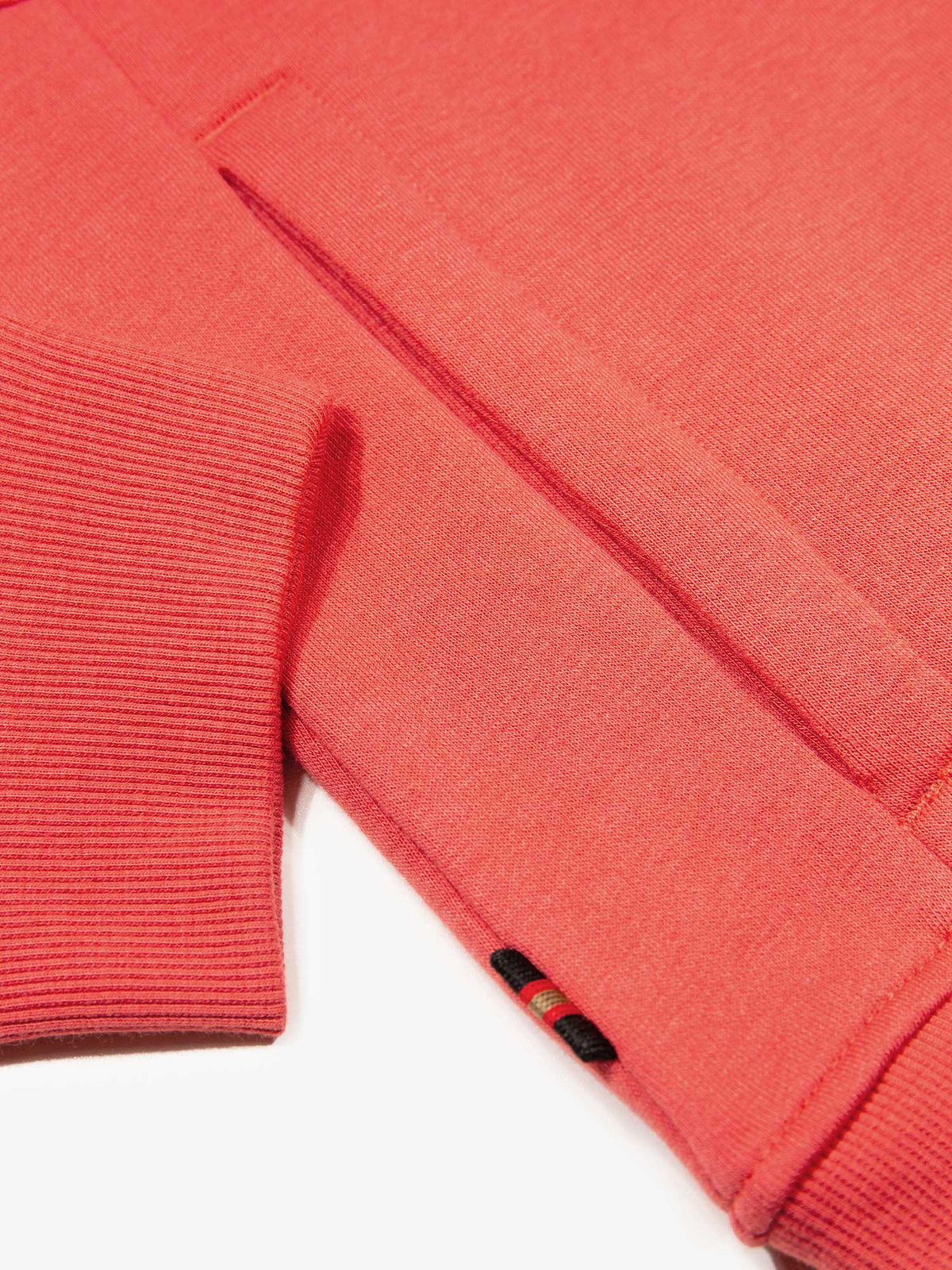 Men's relaxed-fit red hoodie with front pocket and drawstring hood, detail view 4