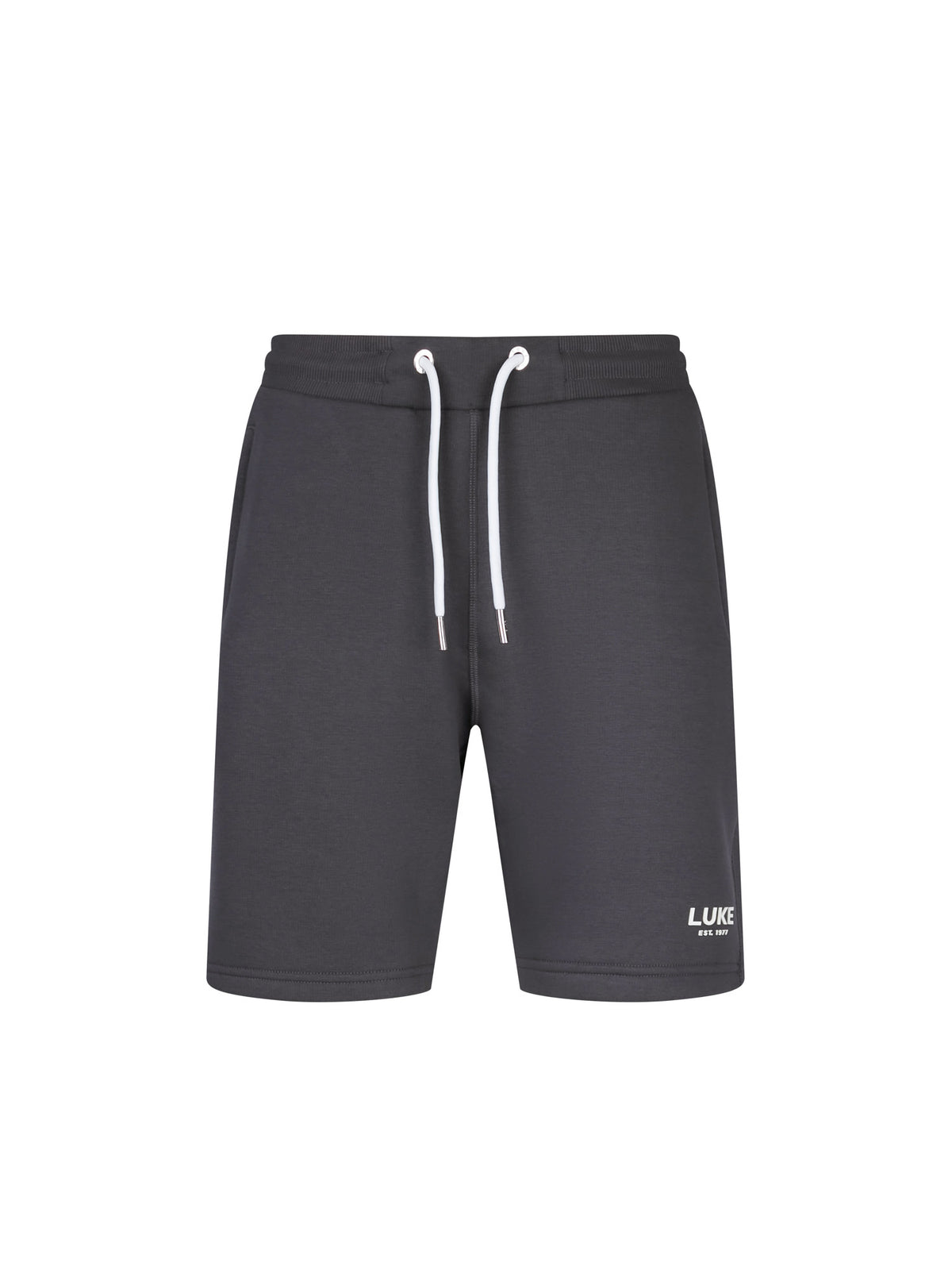 Men's grey shorts with drawstring waistband, front view