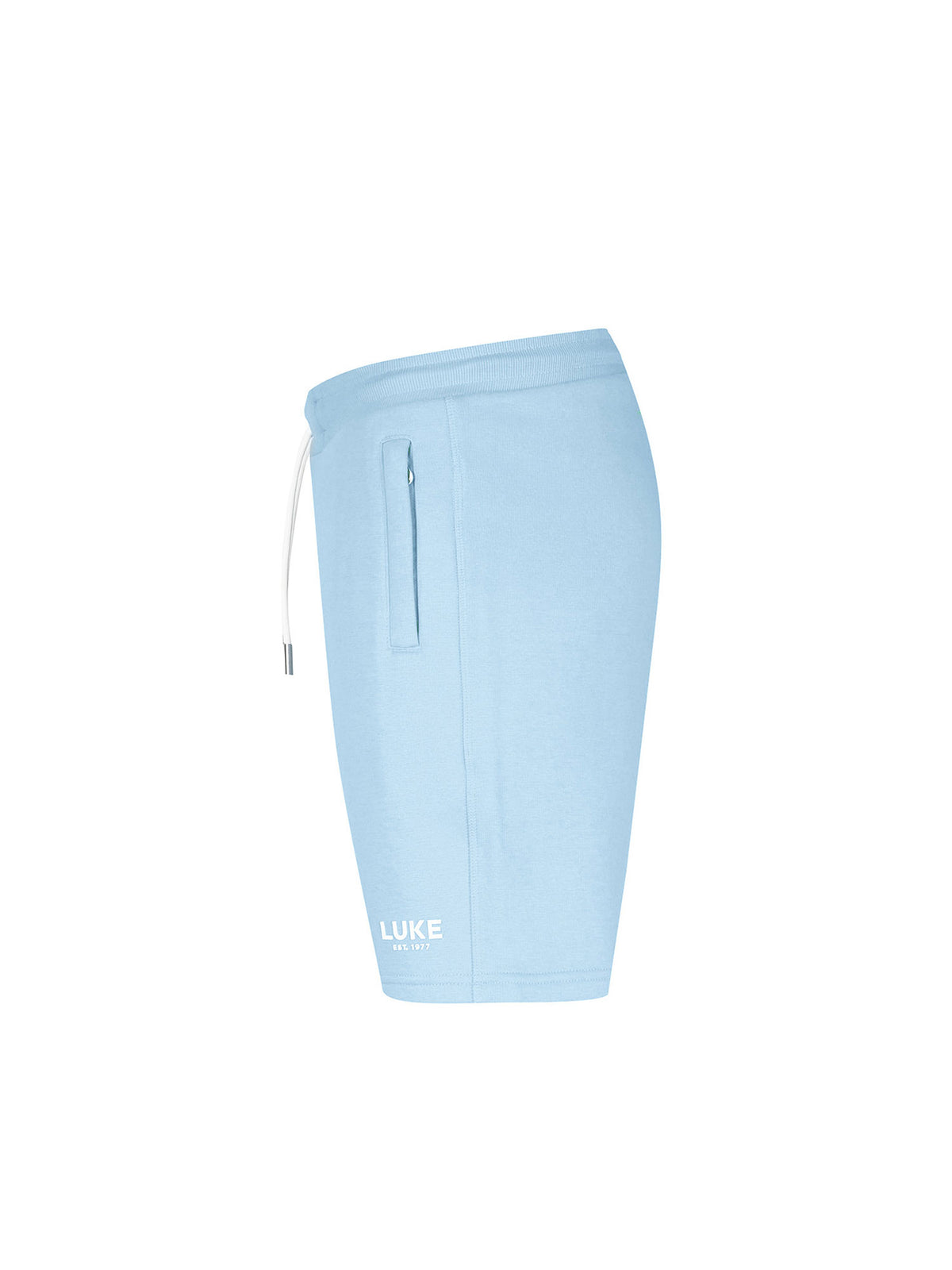 Men's blue shorts with drawstring waistband, side view