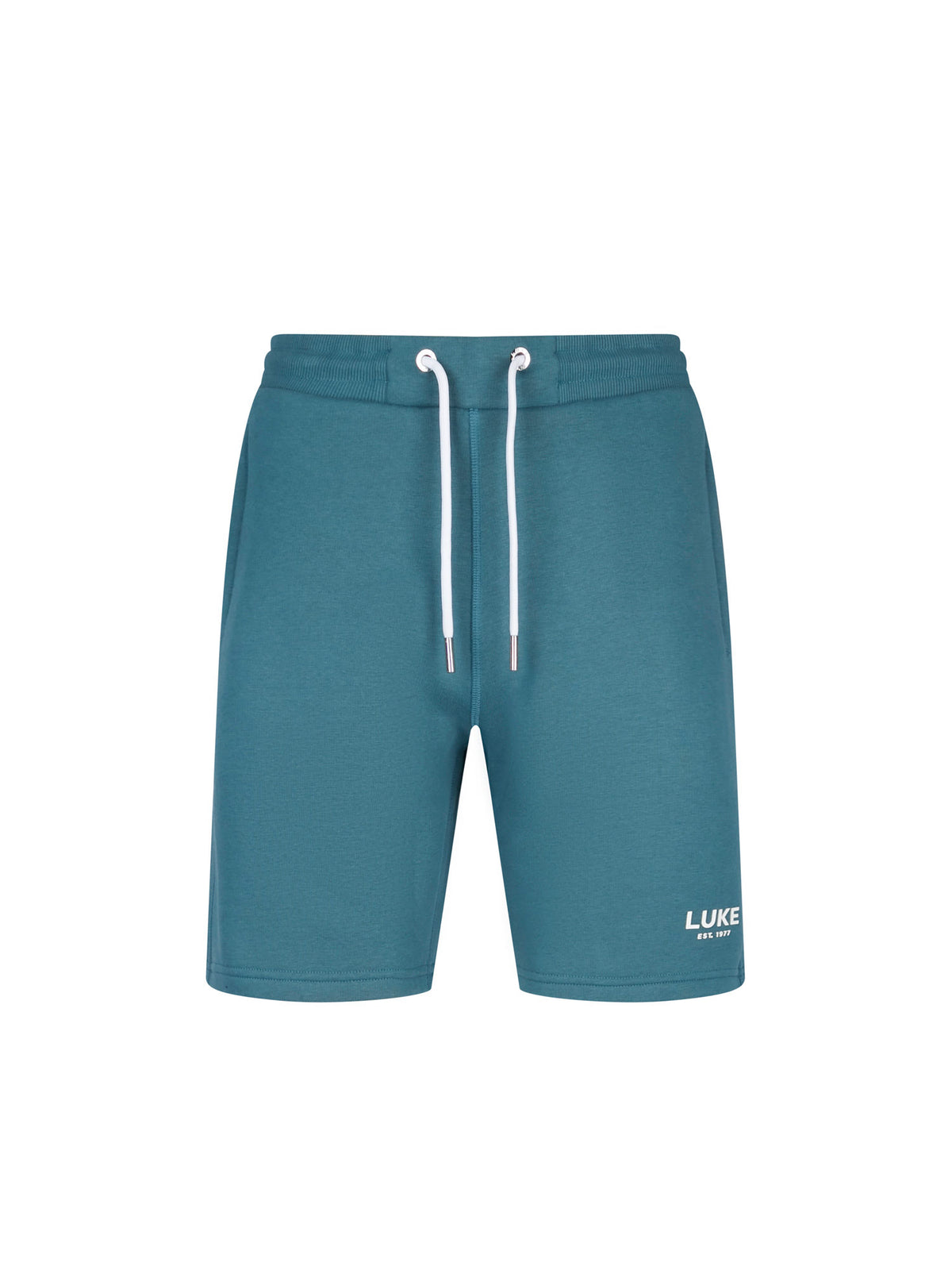 Men's blue shorts with drawstring waistband, front view