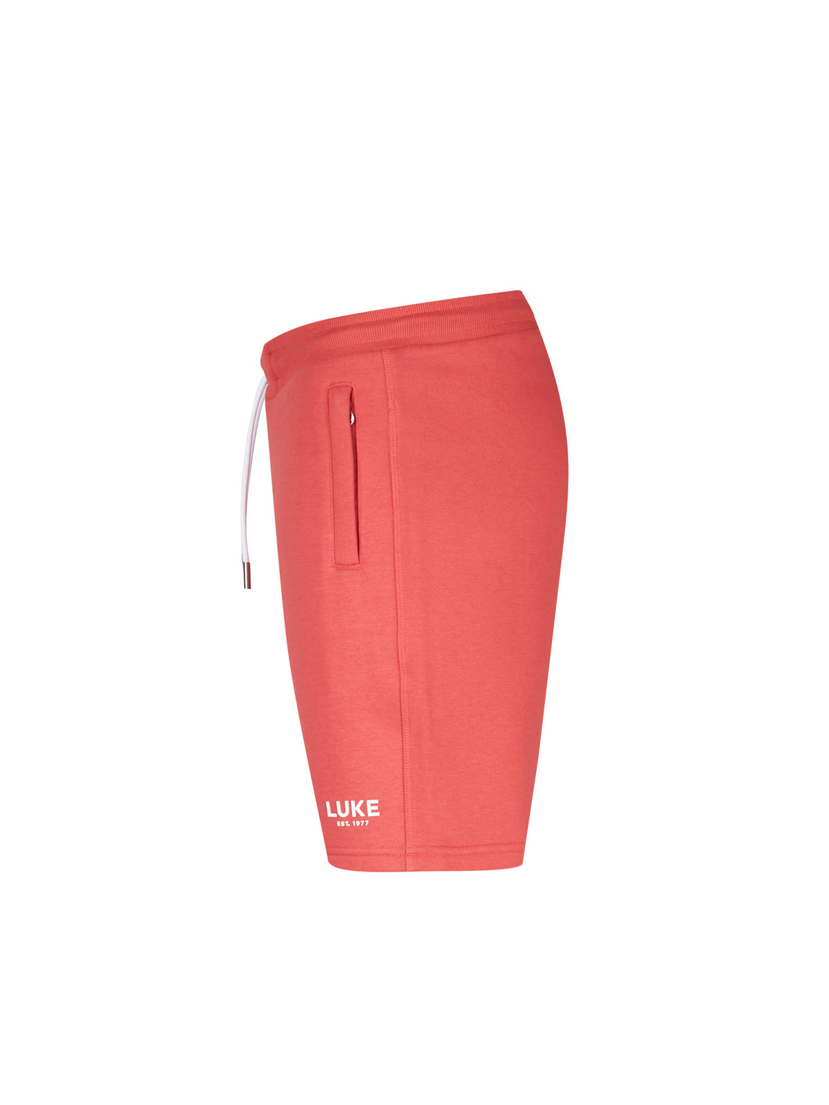 Men's red shorts with drawstring waistband, side view