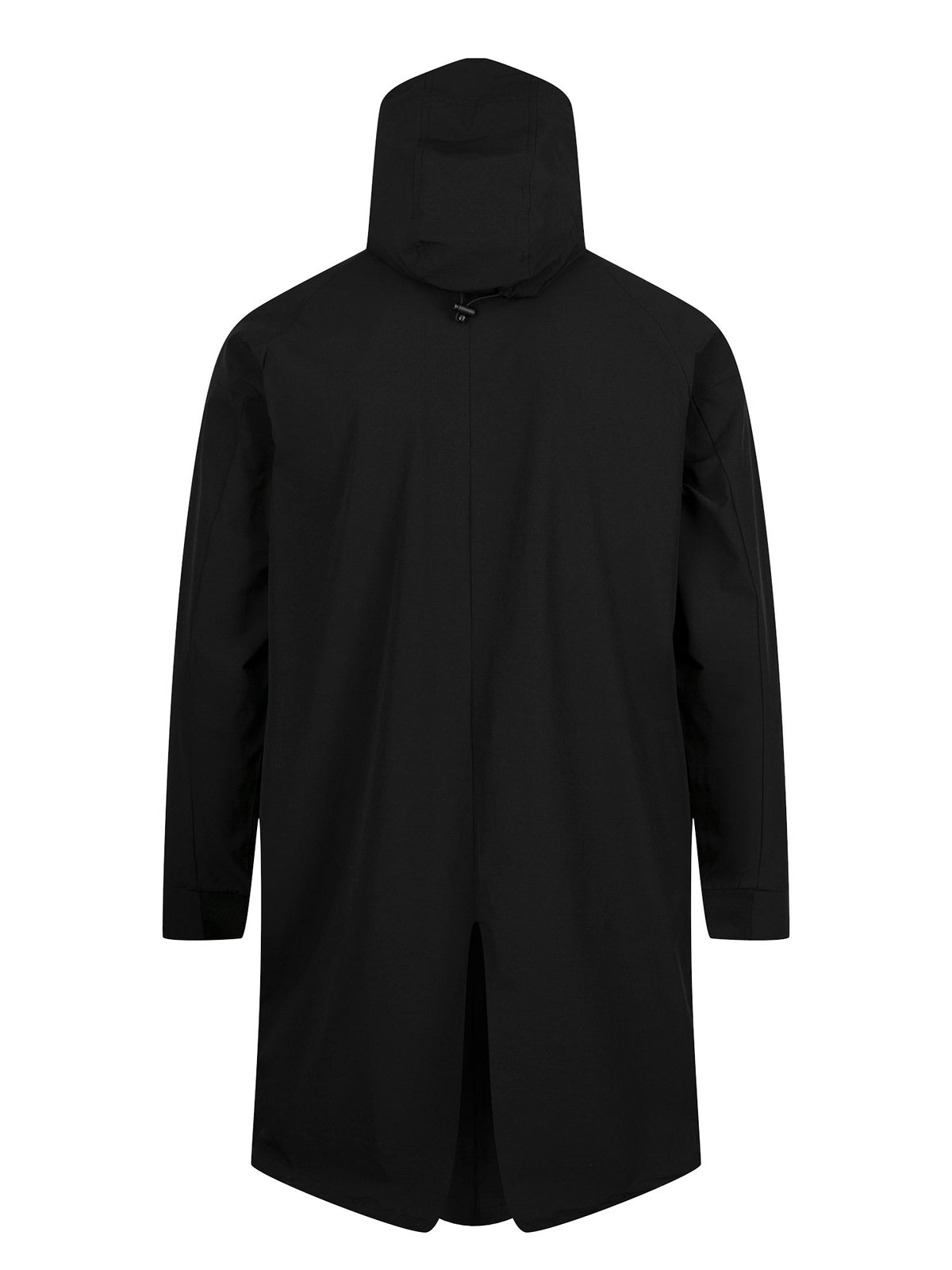 Men's black jacket with zip-up front.