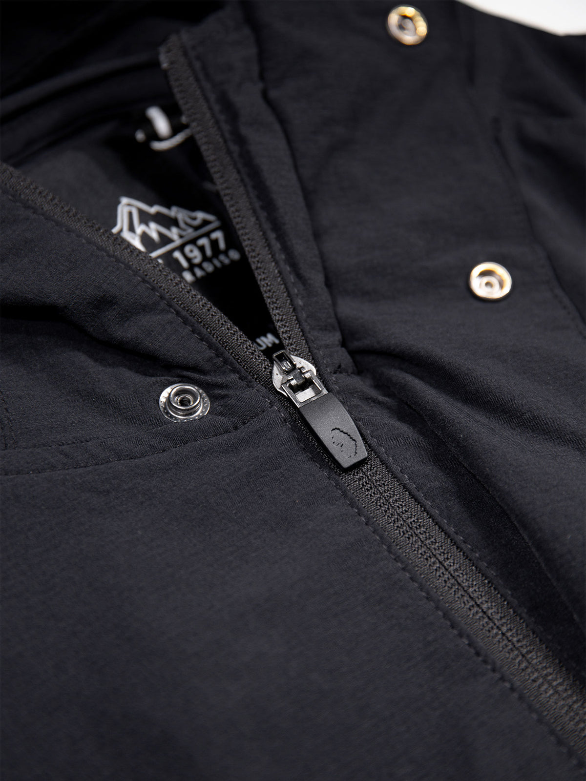 Men's black jacket with zip-up front.