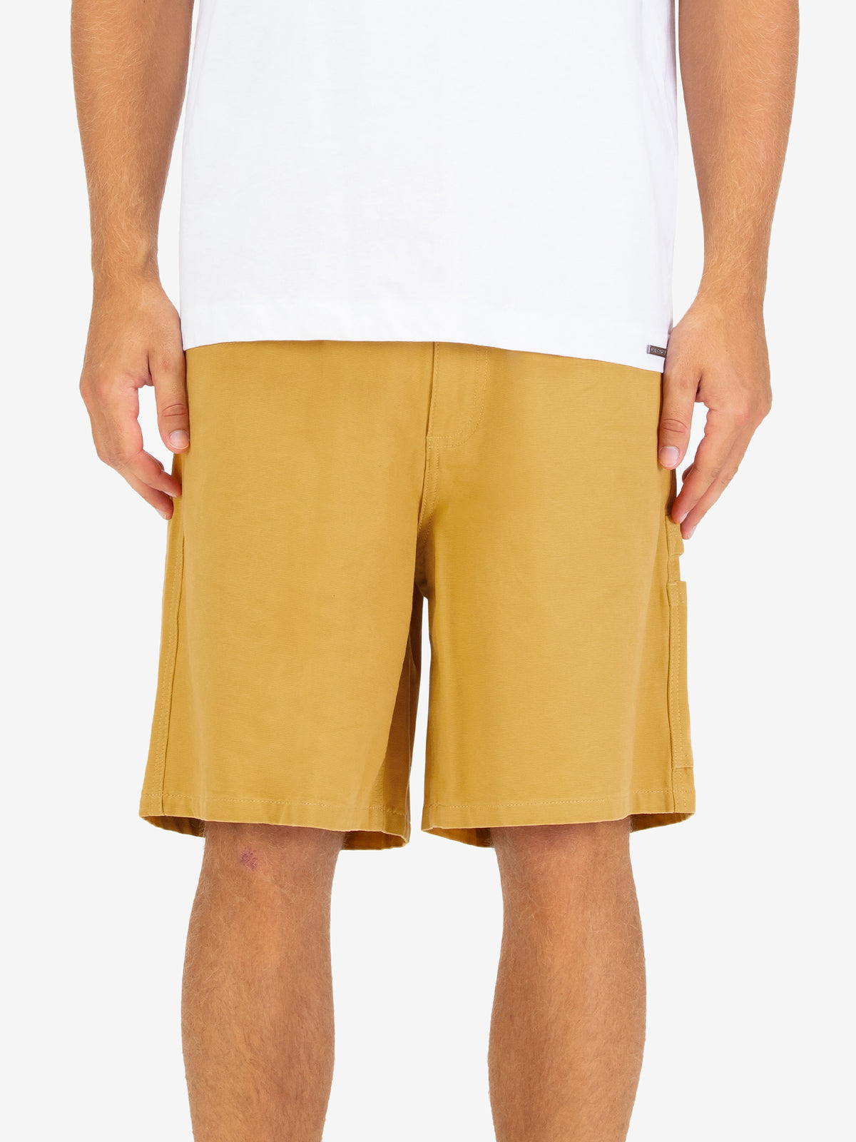Men's yellow shorts with drawstring waistband.