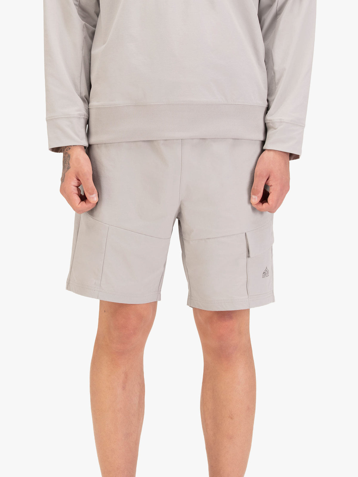 Men's grey shorts with elasticated waistband and cargo pockets.