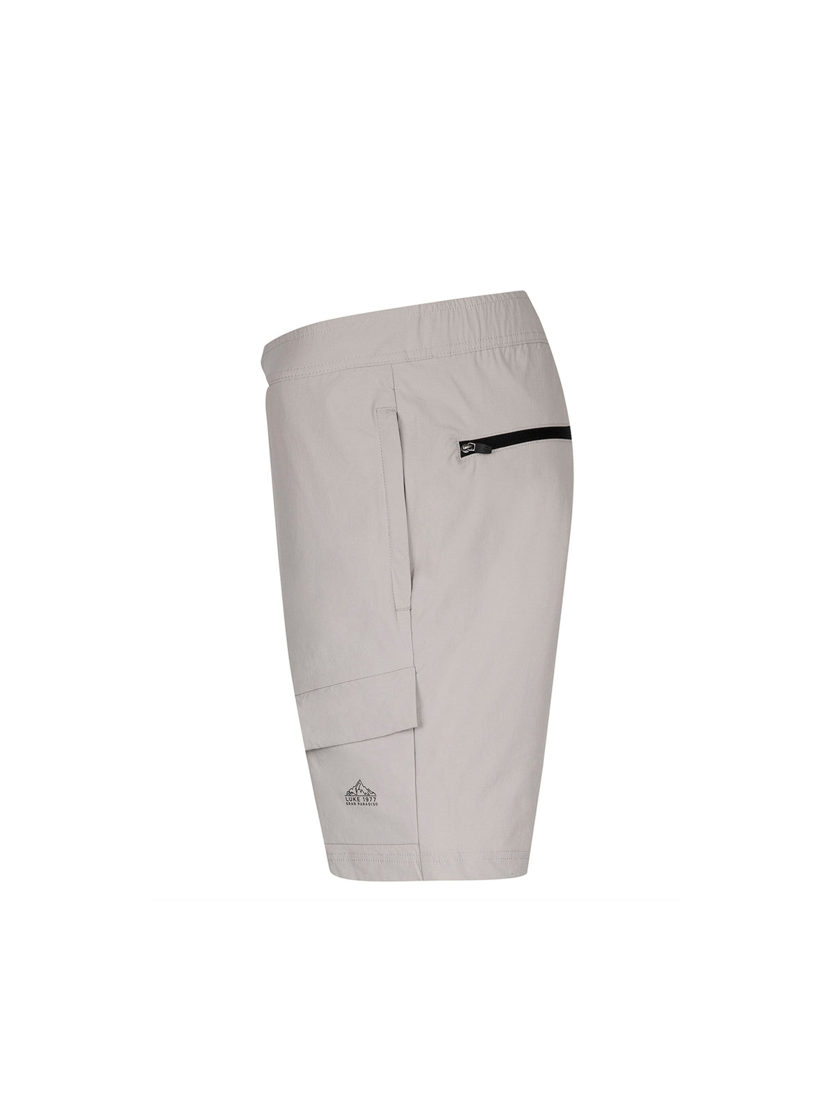 Men's grey shorts with elasticated waistband and cargo pockets.