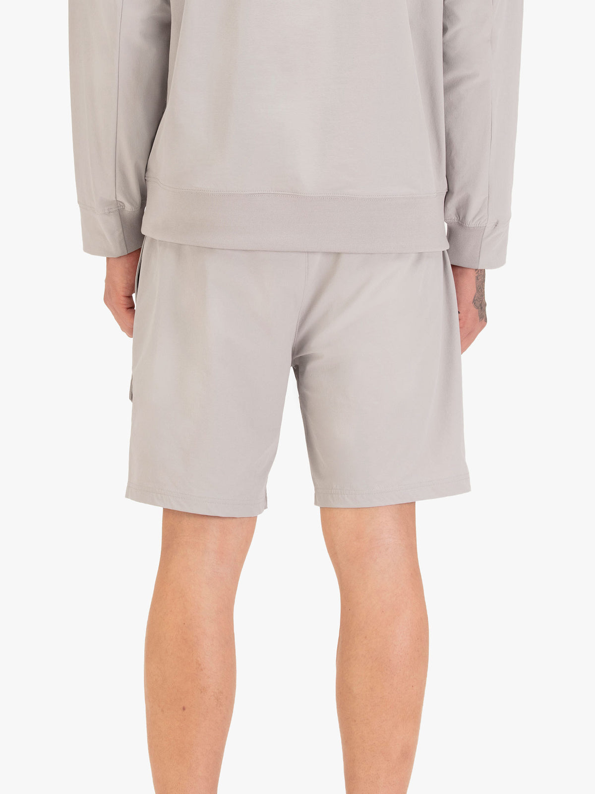 Men's grey shorts with elasticated waistband and cargo pockets.