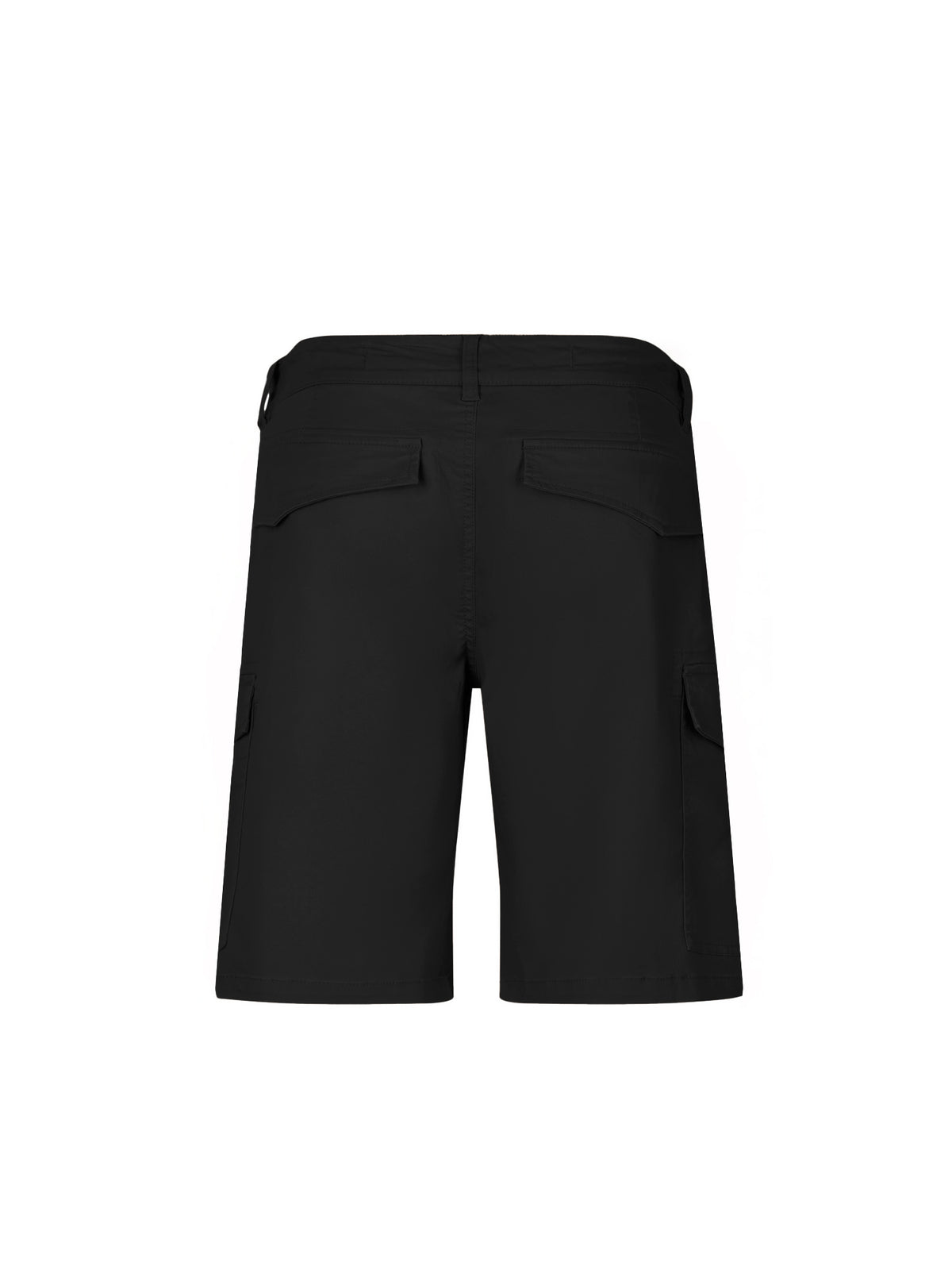 Men's black shorts with drawstring waistband and cargo pockets, back view