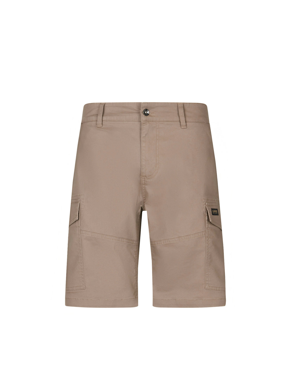 Men's brown shorts with drawstring waistband and cargo pockets, front view