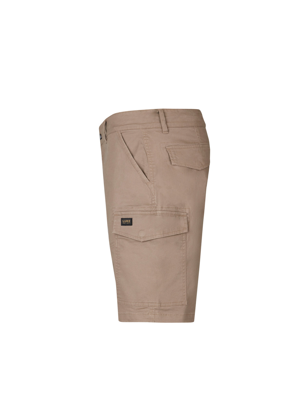 Men's brown shorts with drawstring waistband and cargo pockets, side view