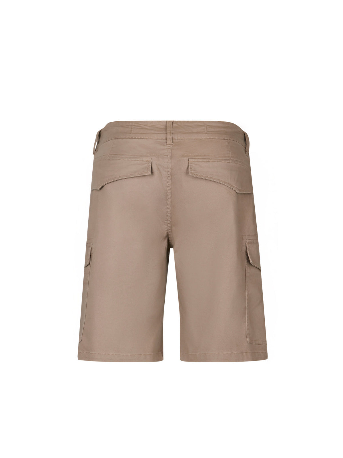 Men's brown shorts with drawstring waistband and cargo pockets, back view