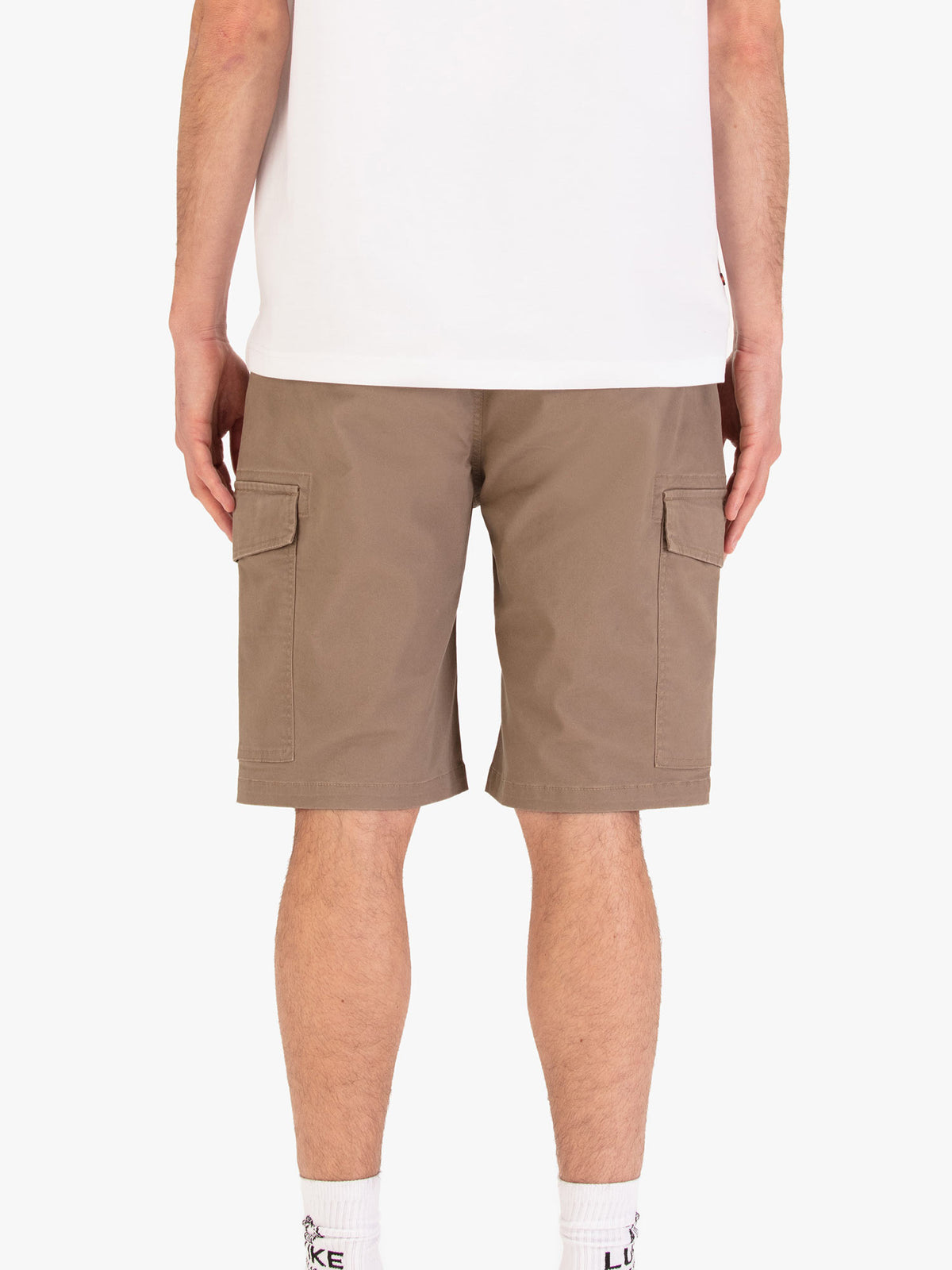 Men's brown shorts with drawstring waistband and cargo pockets, worn by a model, back view