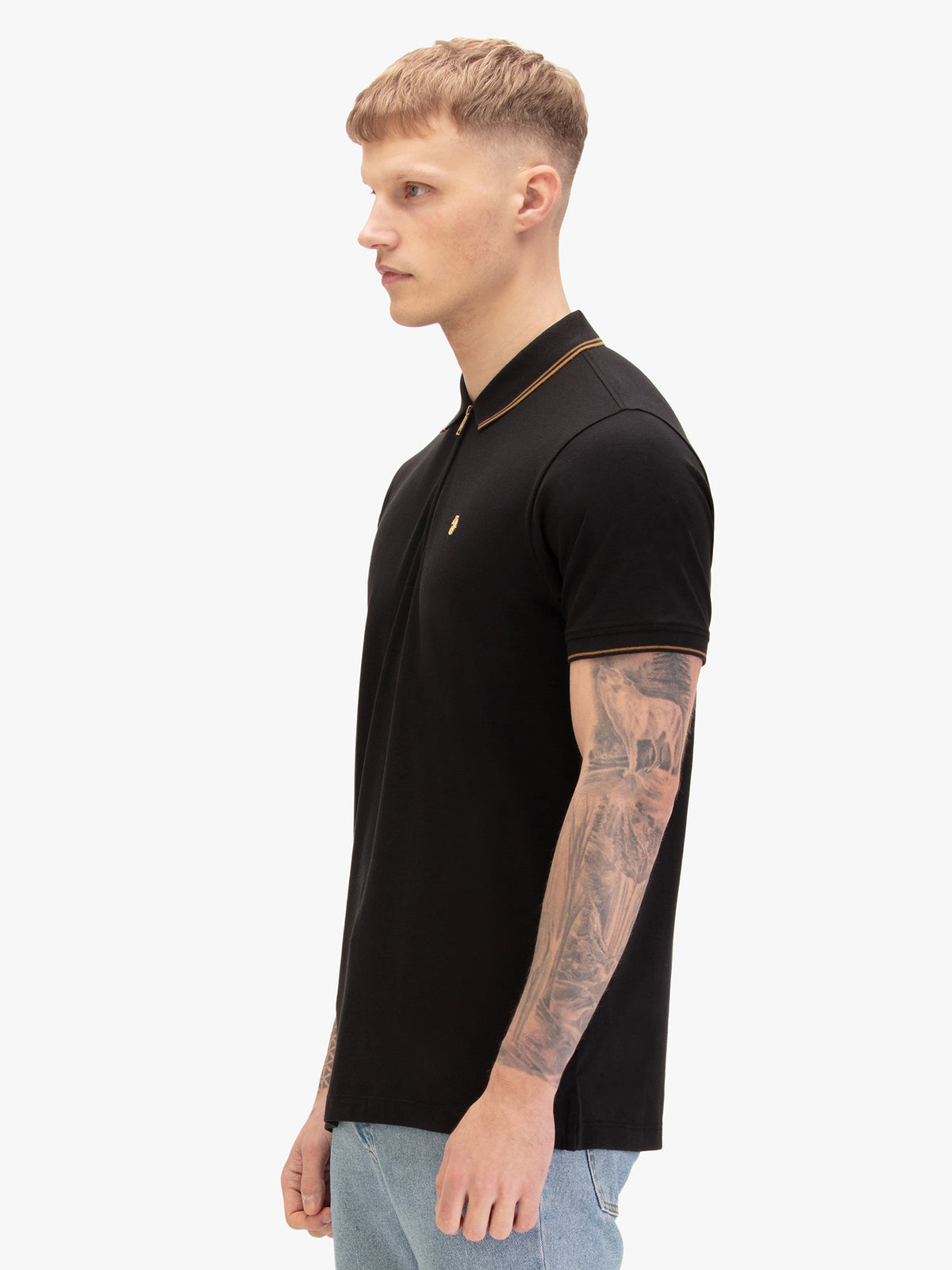 Texas Tip Cotton Pique Zip Neck Polo Shirt - Black