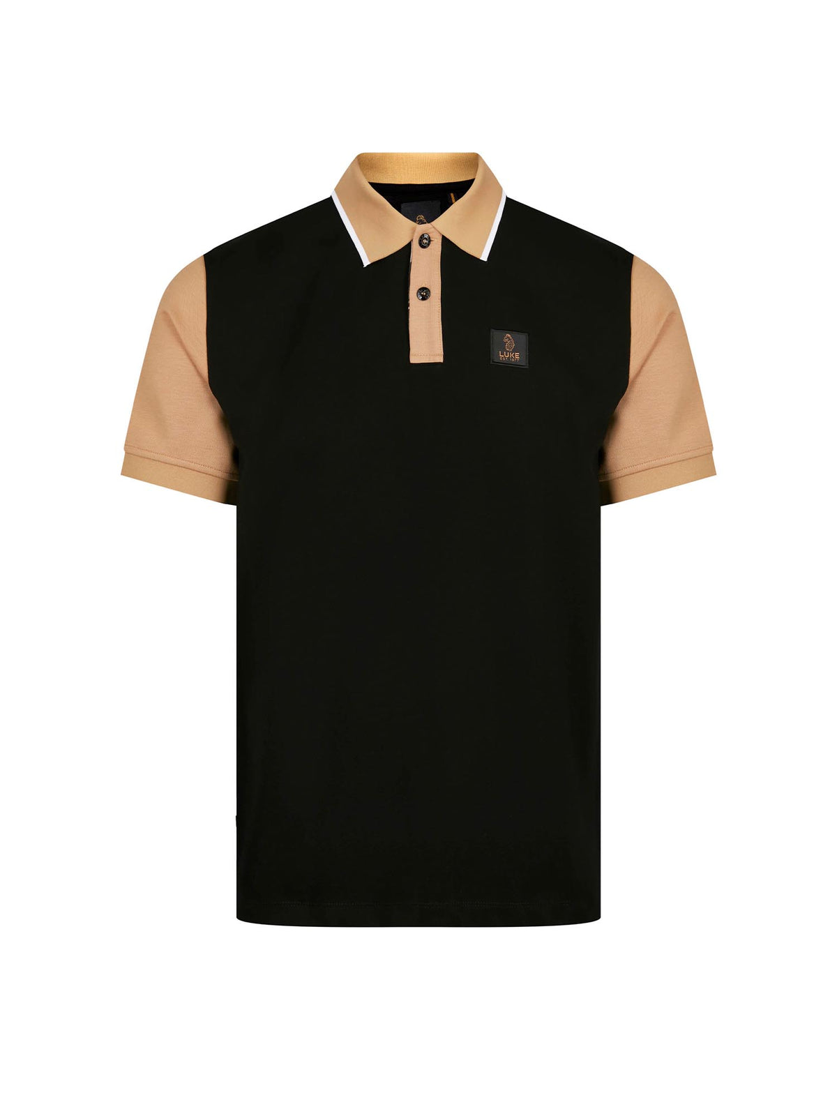 Men's black polo shirt with polo collar, front view