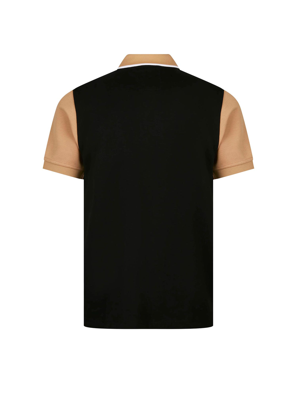 Men's black polo shirt with polo collar, back view