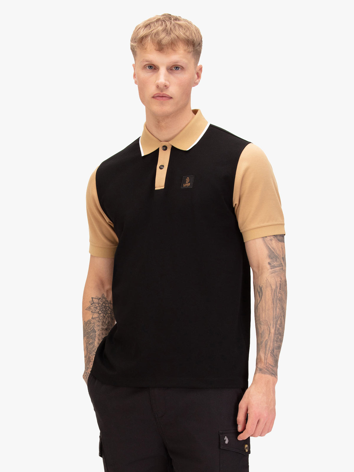 Men's black polo shirt with polo collar, front view