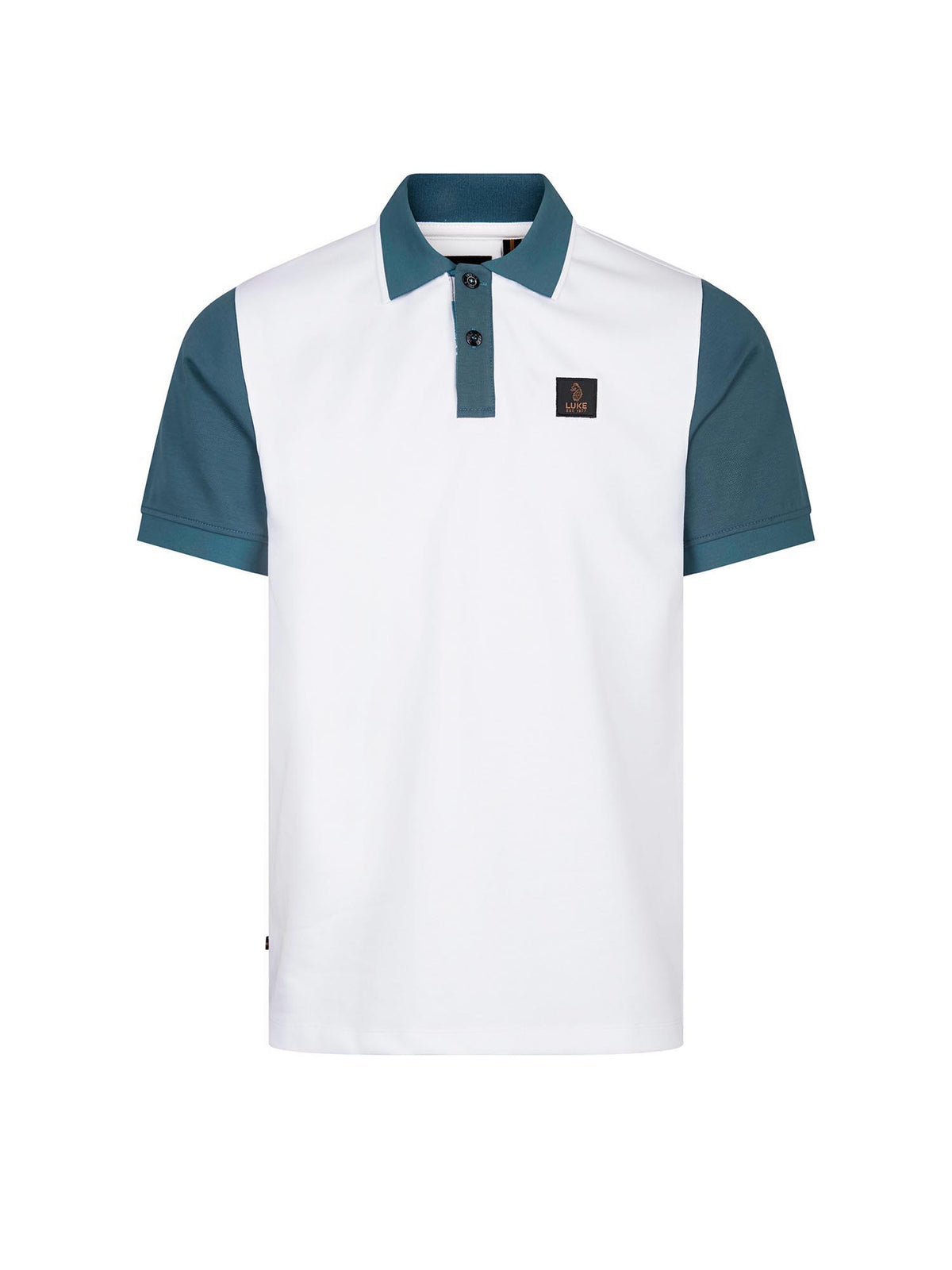 Men's white polo shirt with polo collar, front view
