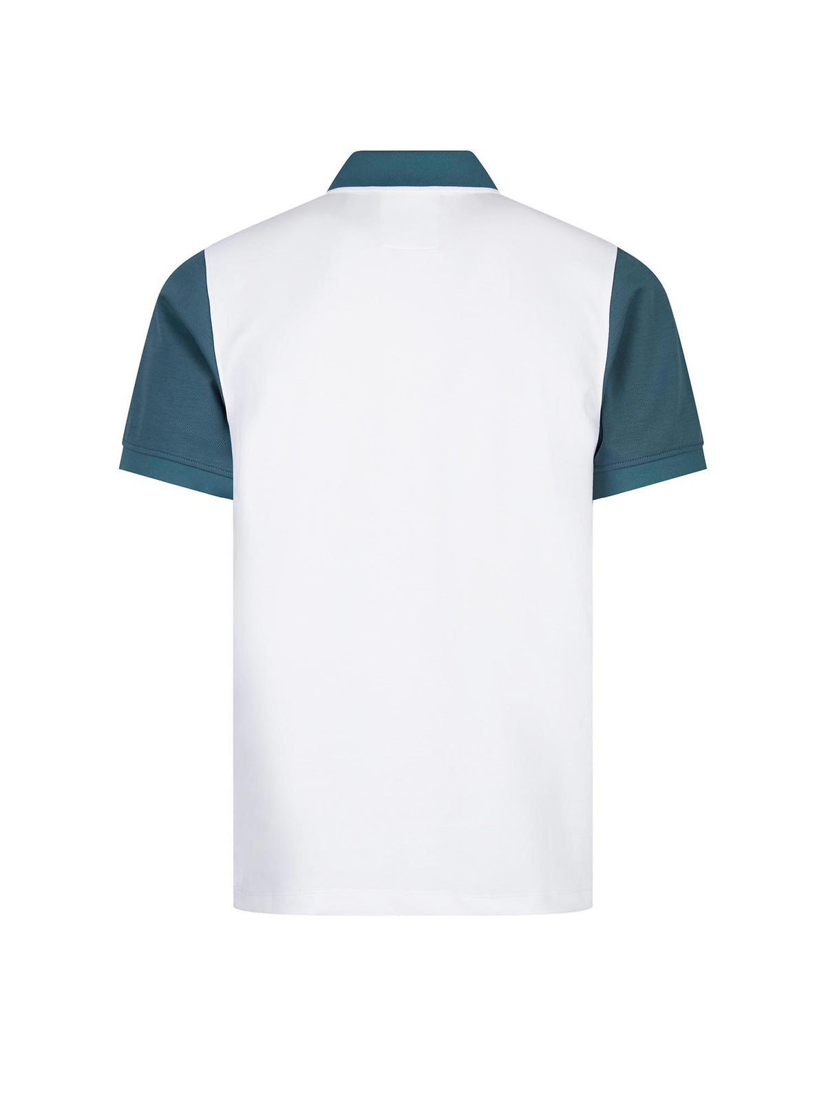 Men's white polo shirt with polo collar, side view