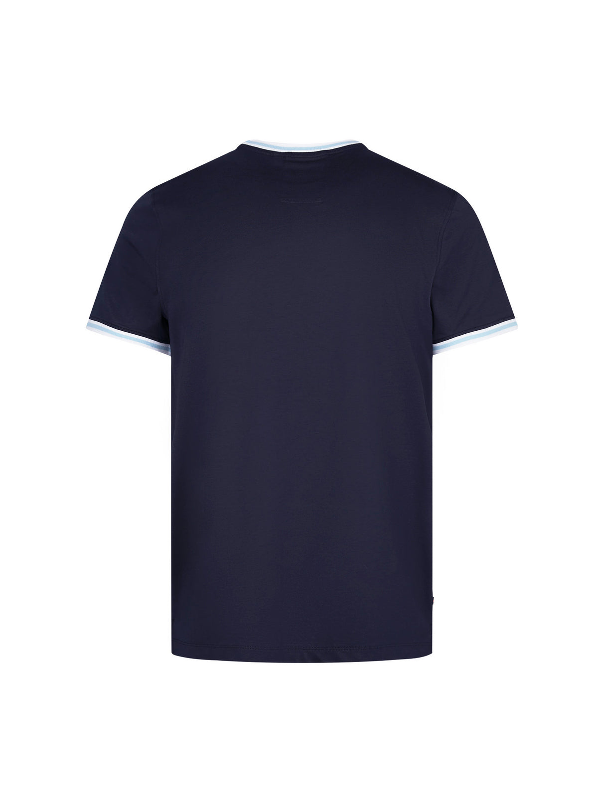 Men's navy t-shirt with crew neck and short sleeves, back view