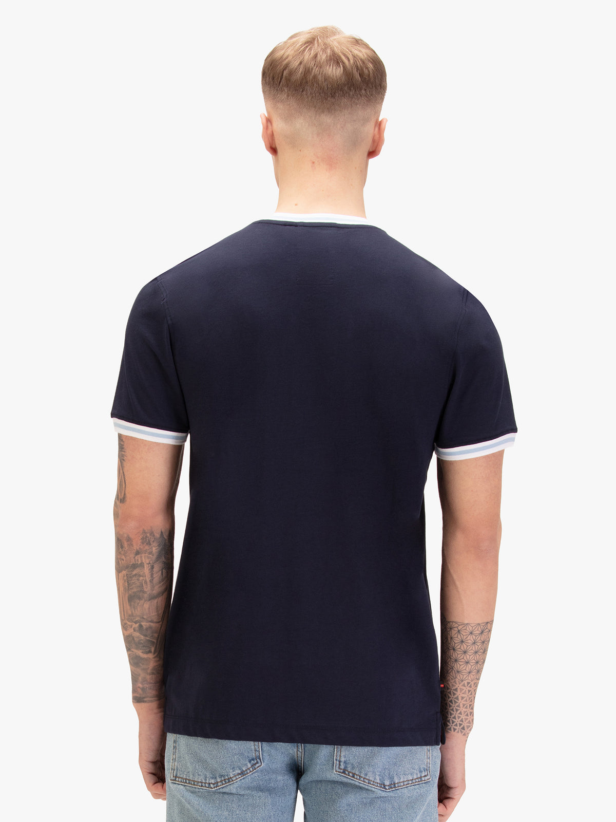 Men's navy t-shirt with crew neck and short sleeves, worn by a model, back view