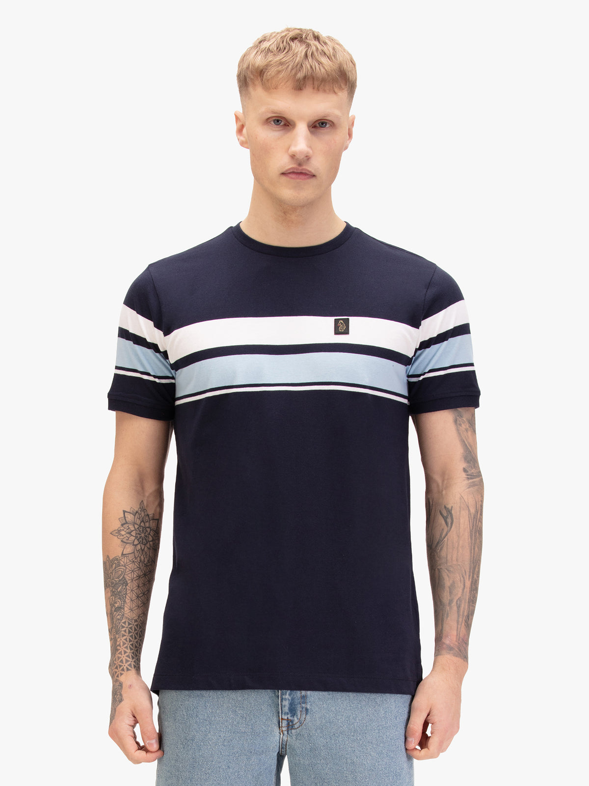 Men's navy t-shirt with crew neck and short sleeves, worn by a model, front view