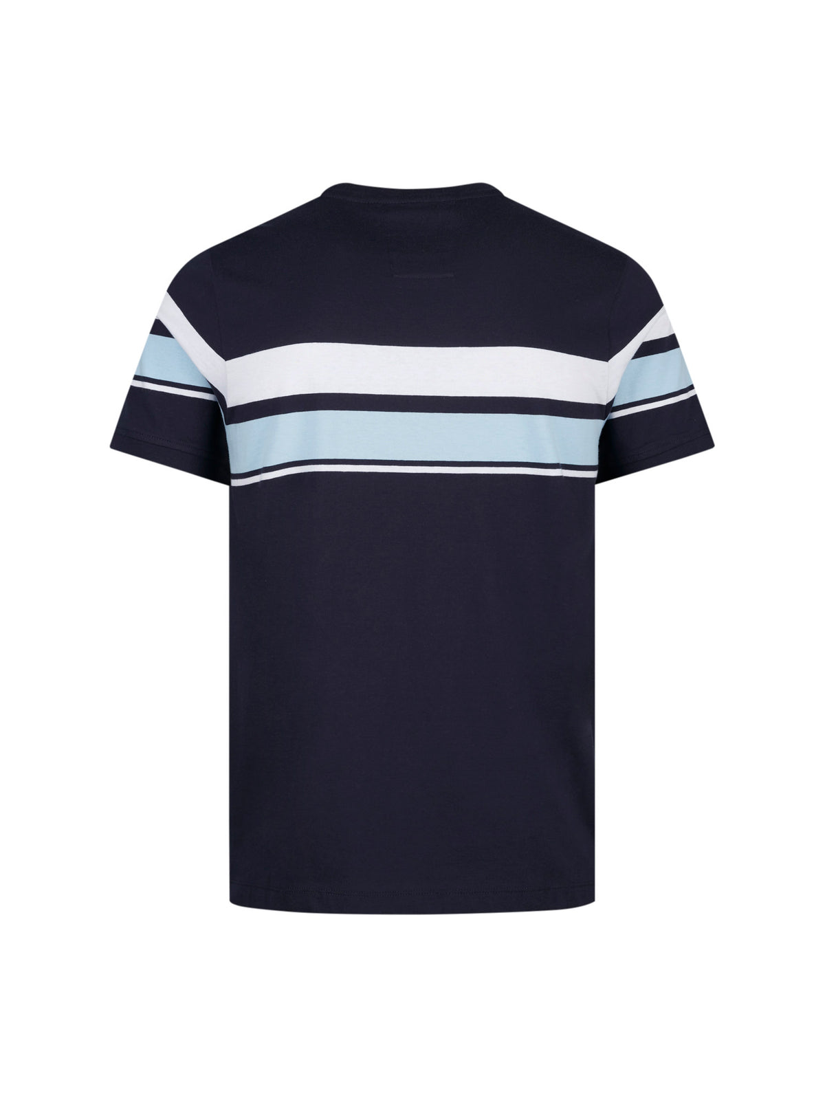 Men's navy t-shirt with crew neck and short sleeves, back view