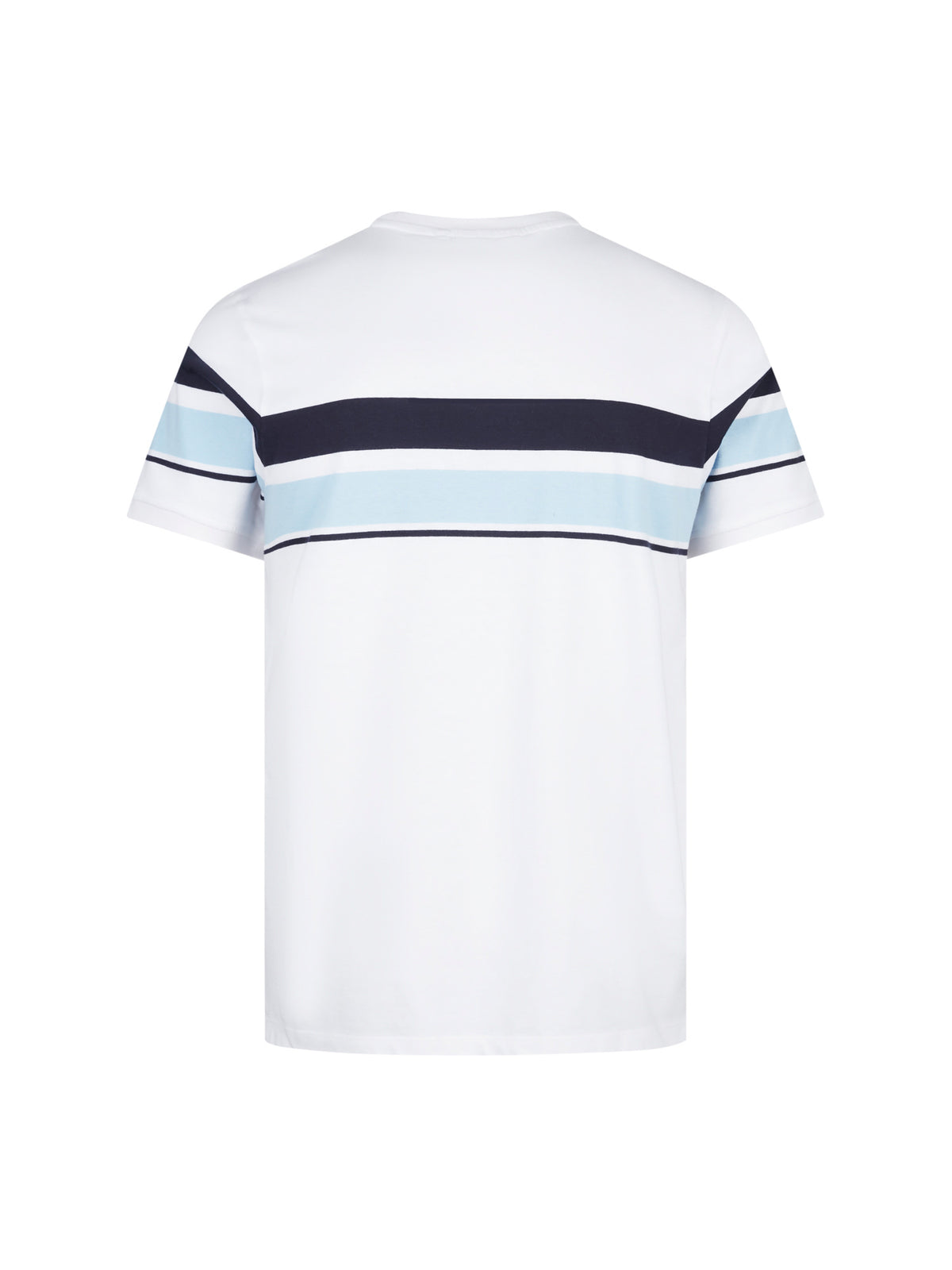 Men's white t-shirt with crew neck and short sleeves, back view