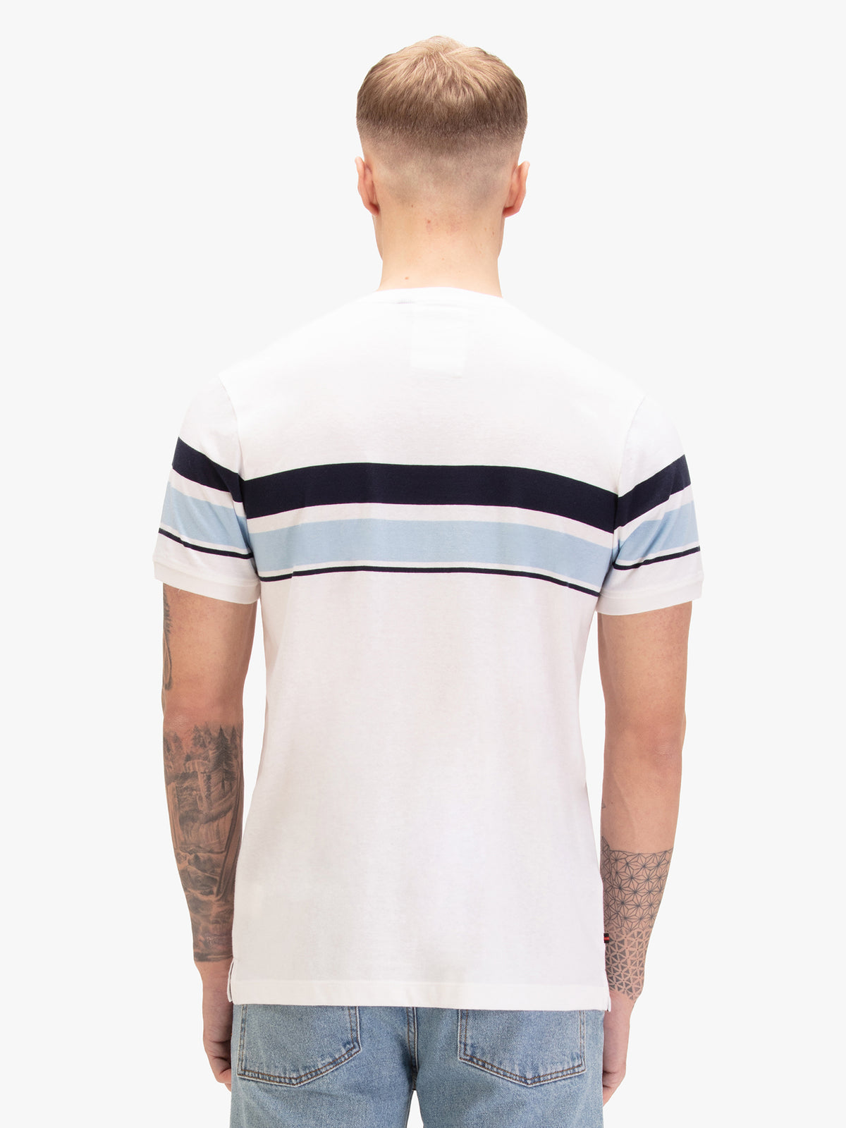 Men's white t-shirt with crew neck and short sleeves, worn by a model, back view