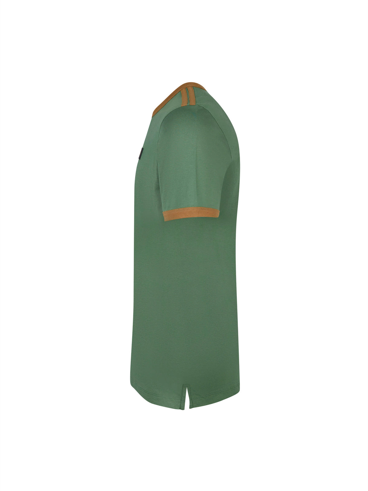Men's green t-shirt with crew neck and short sleeves, side view