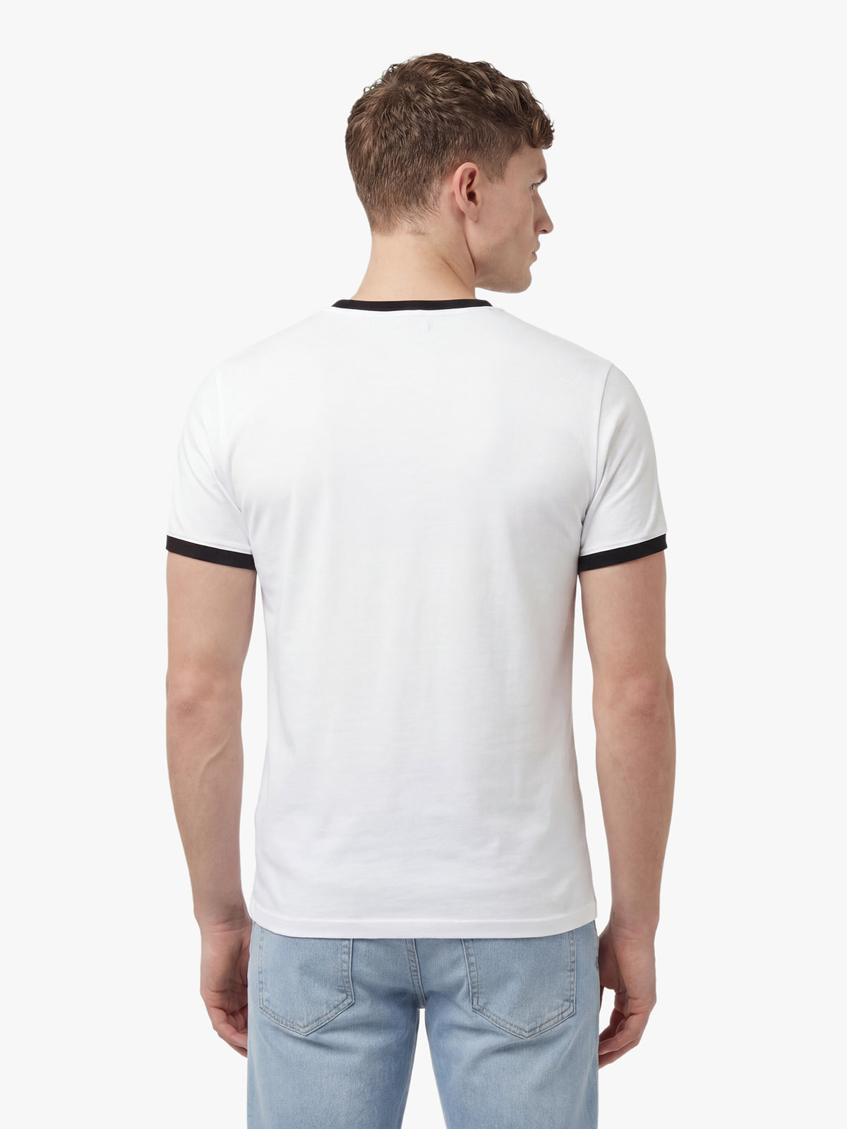 Men's white t-shirt with crew neck and short sleeves, worn by a model, side view